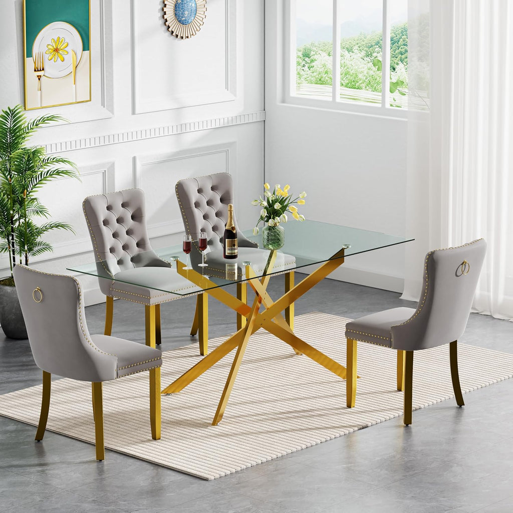 HomVent 5 Piece Rectangular Glass Dining Table Set, Tempered Glass Dinner Table Set for 4 Kitchen Table Set with 4 Velvet Upholstered Chairs for Kitchen Dining Room