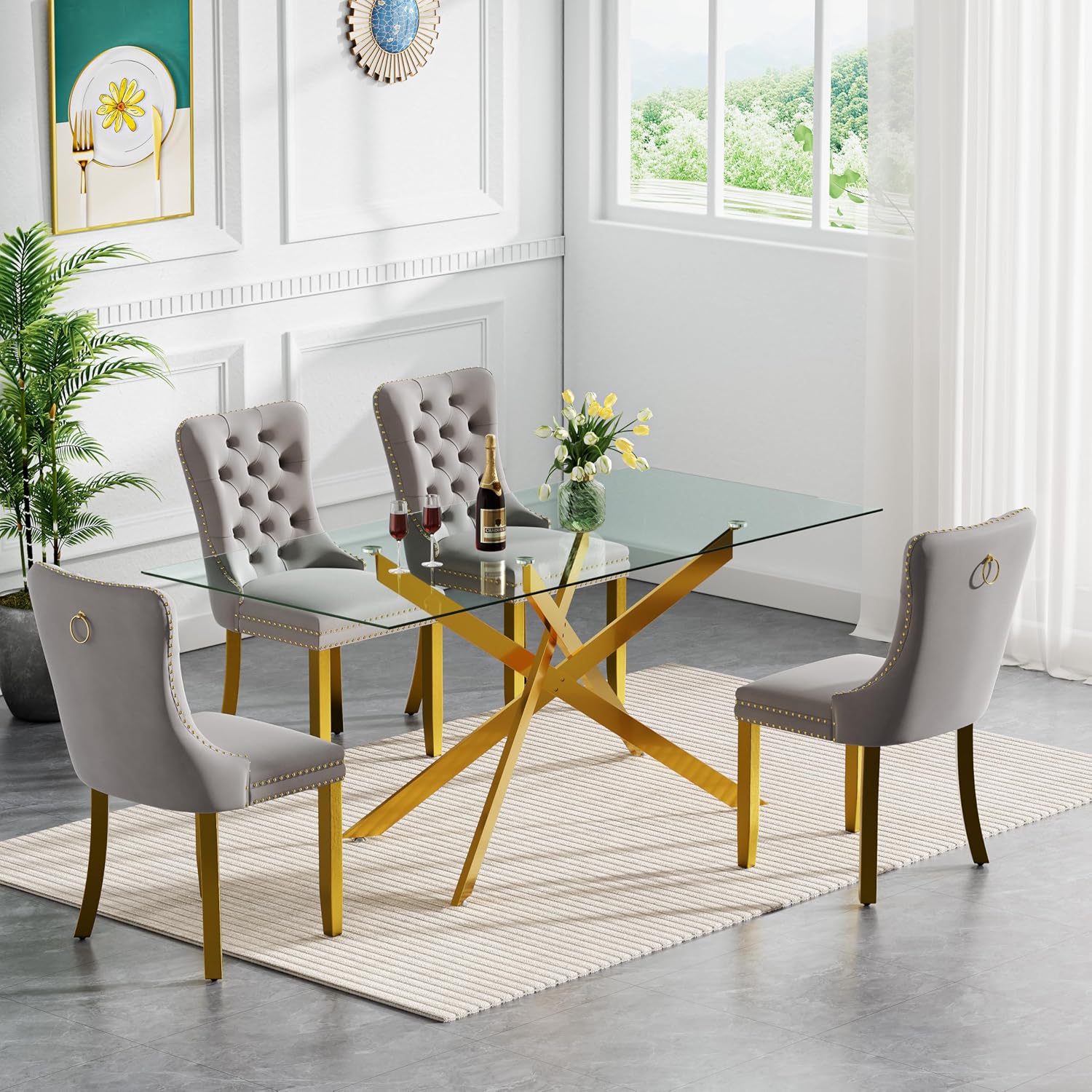 HomVent 5 Piece Rectangular Glass Dining Table Set, Tempered Glass Dinner Table Set for 4 Kitchen Table Set with 4 Velvet Upholstered Chairs for Kitchen Dining Room