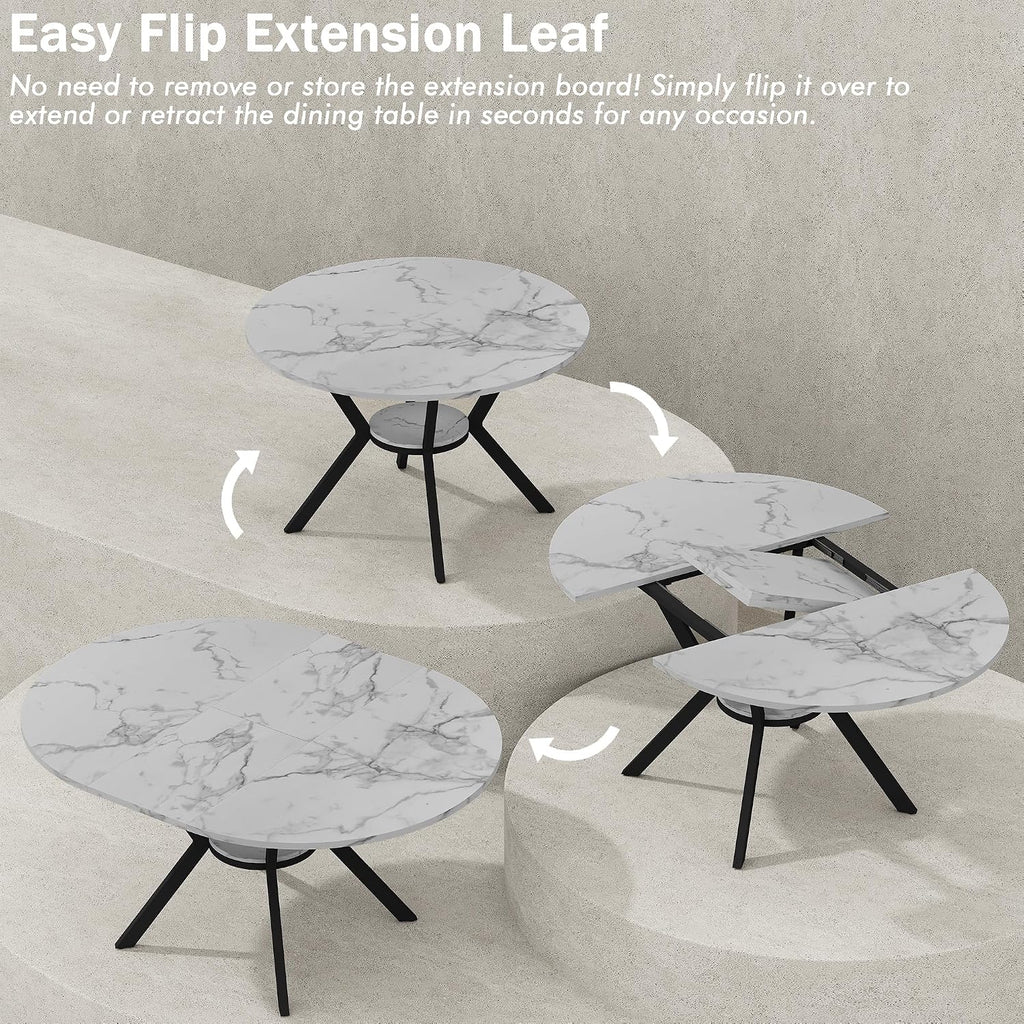 42'-58' Round Extendable Dining Table for 4-6, Kitchen Oval Table with Hidden Leaves & Storage Shelf, Space Saving Modern Design with Sturdy Metal Legs for Kitchen, Dining Room & Small Apartments