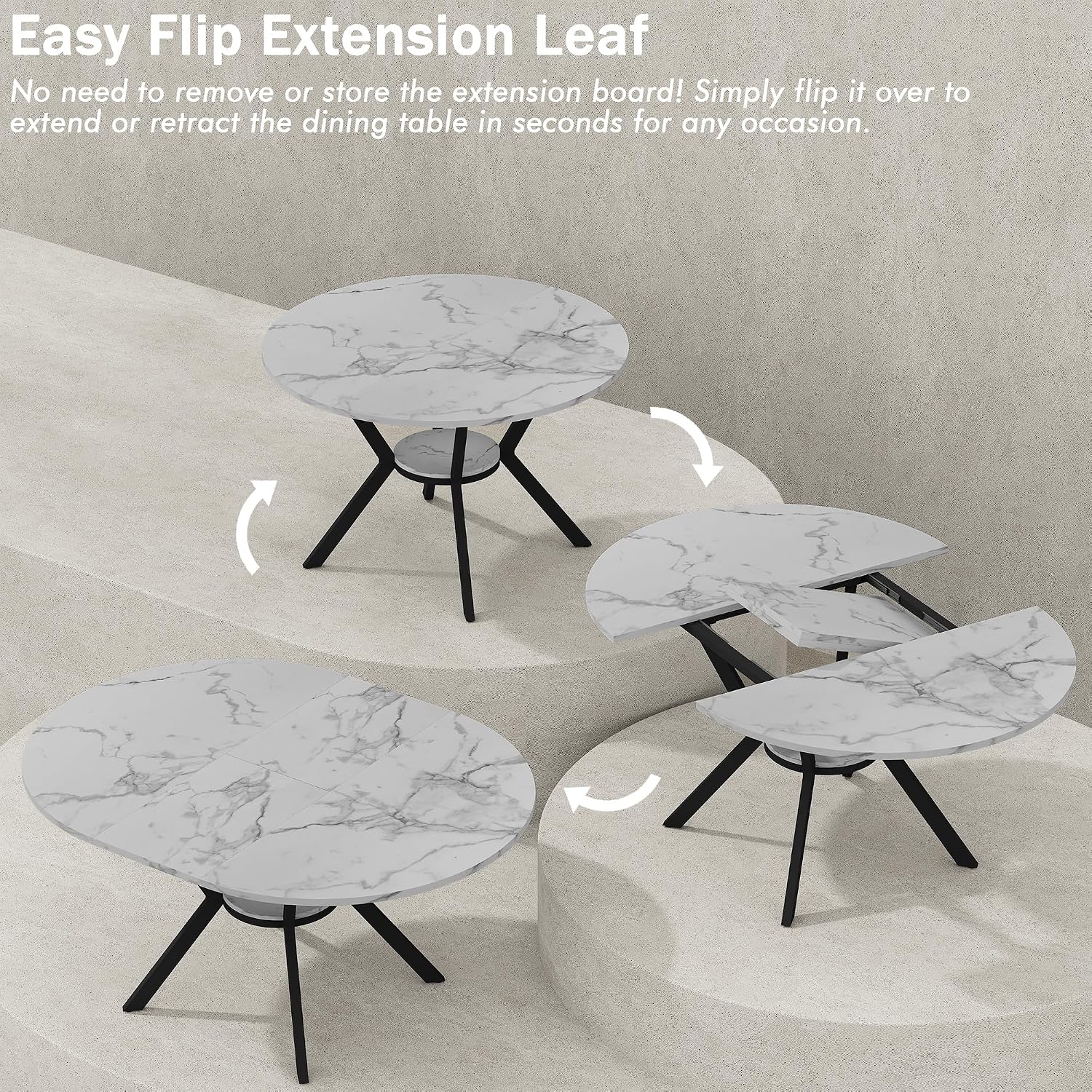 42'-58' Round Extendable Dining Table for 4-6, Kitchen Oval Table with Hidden Leaves & Storage Shelf, Space Saving Modern Design with Sturdy Metal Legs for Kitchen, Dining Room & Small Apartments