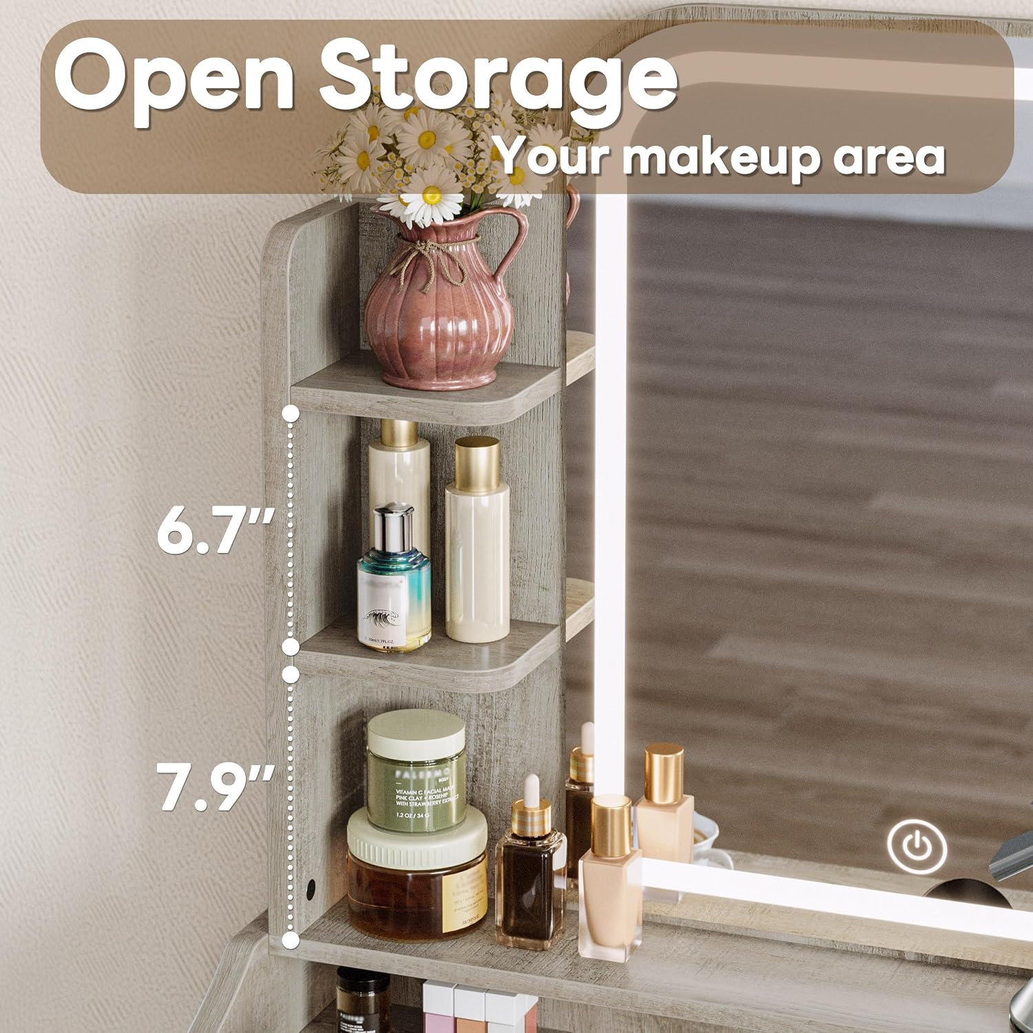 LIKIMIO Small Makeup Vanity Desk with Mirror and Lights, Vanity Table Set with Storage Drawer, Chair and Three Shelves, Bedroom, White Walnuts