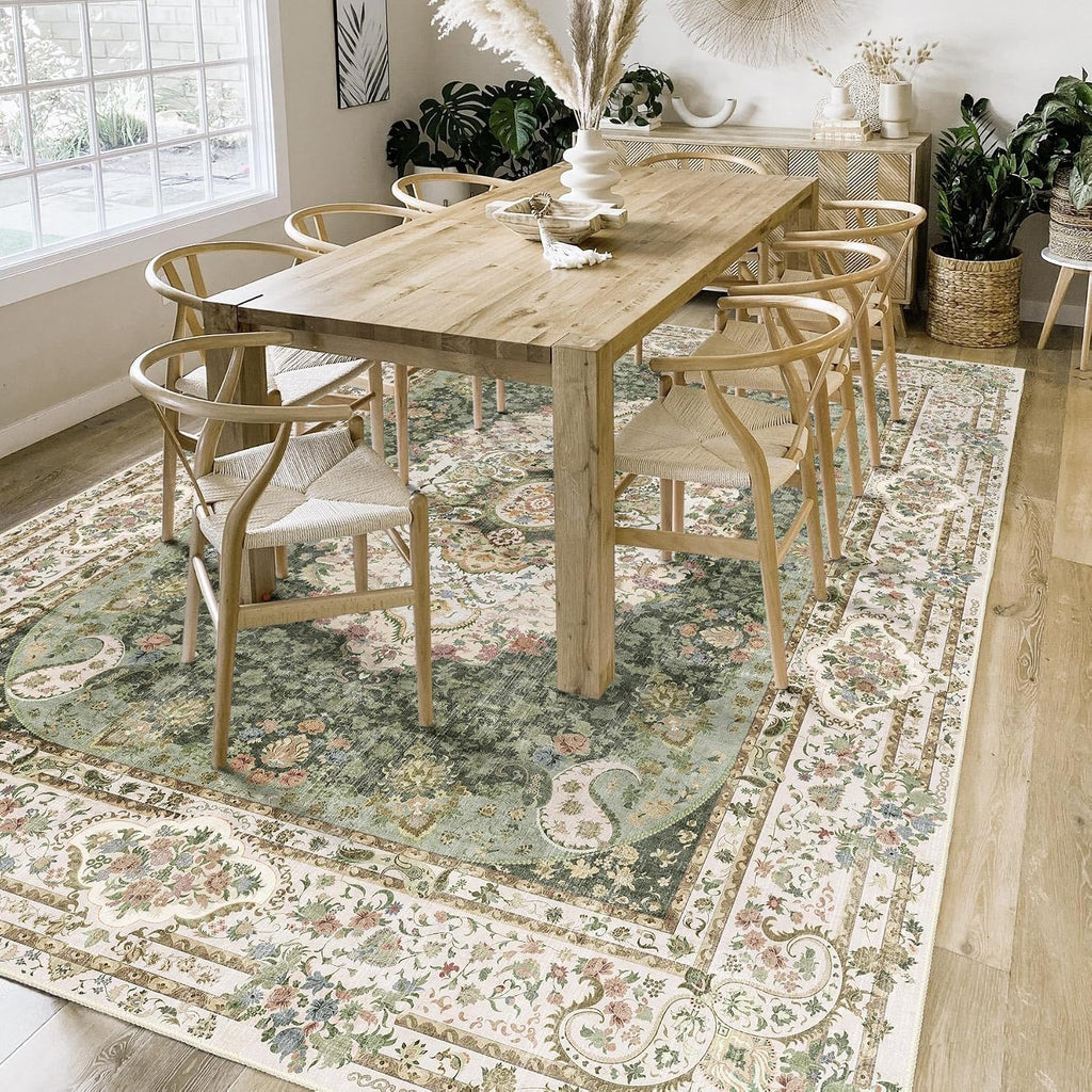 Casrage 6'x9' Area Rugs Washable,Green Rug for Living Room Bedroom Kitchen,Large Boho Vintage Bohemian Distressed Carpet Non Slip,Floral