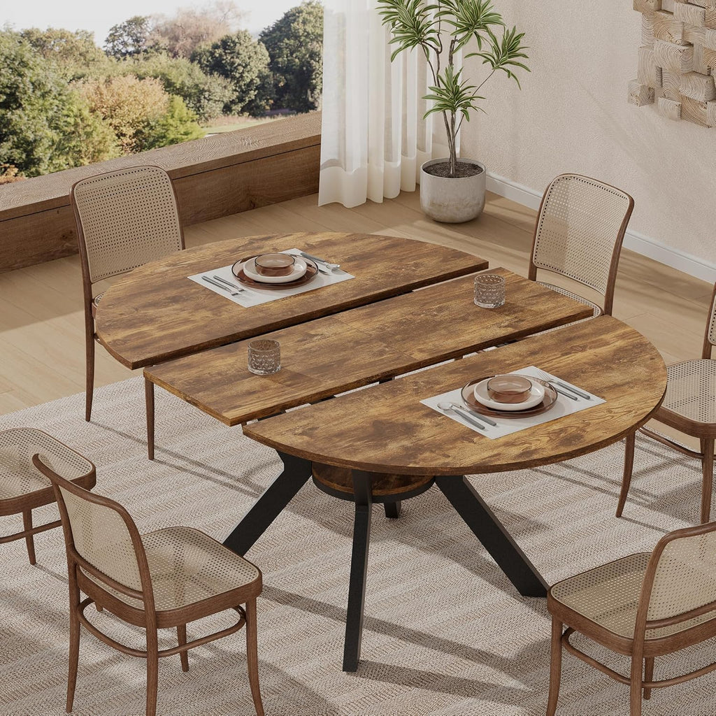 42'-58' Extendable Oval Dining Table for 4-6, Kitchen Round Table with Hidden Leaves & Storage Shelf, Space Saving Modern Design with Sturdy Metal Legs for Kitchen, Dining Room & Small Apartments