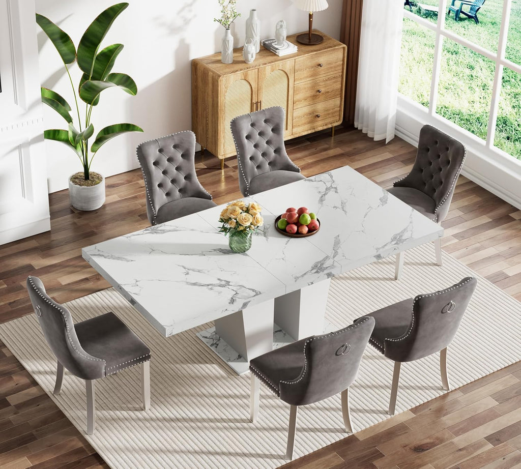 Henf 7 Pieces Faux Marble Dining Table Set for 6, 63'-79' Extendable Dining Room Table and 6 Grey Tufted Chairs Set for 6, Modern Large Expandable Kitchen Table with White Double Columns Base
