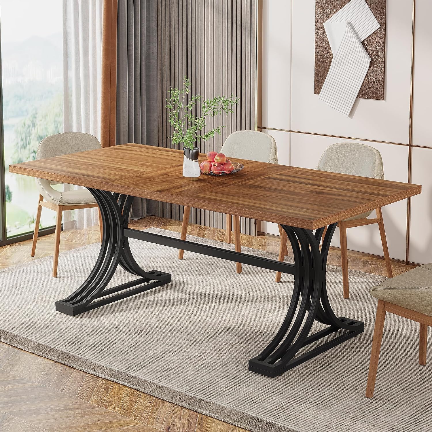 Tribesigns 63-Inch Rectangular Dining Table for 4 to 6, Modern Kitchen Table with Stylish Metal Trestle Legs, Large Dinner Table for Dining Room, Chair Not Included (Rustic Brown and Black)