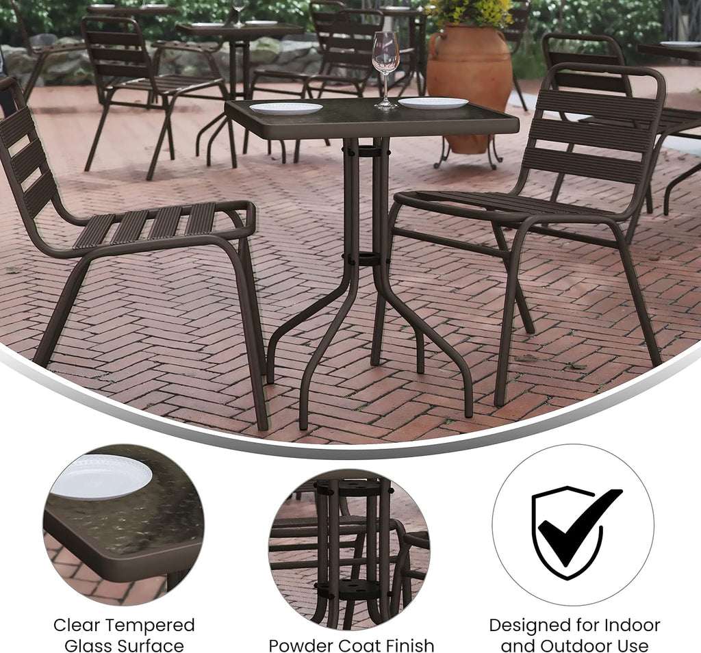 Flash Furniture TLH-0731SQ-017CBZ2-GG Lila 23.5'' Square Glass Table with 2 Metal Aluminum Slat Stack Chairs, Bronze