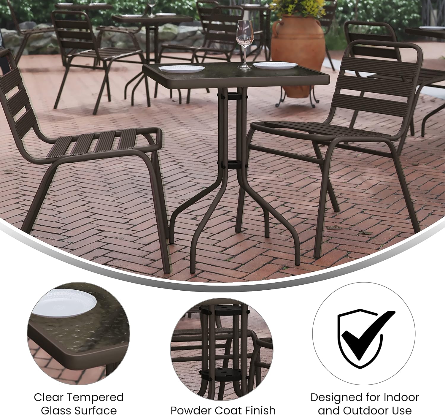 Flash Furniture TLH-0731SQ-017CBZ2-GG Lila 23.5'' Square Glass Table with 2 Metal Aluminum Slat Stack Chairs, Bronze