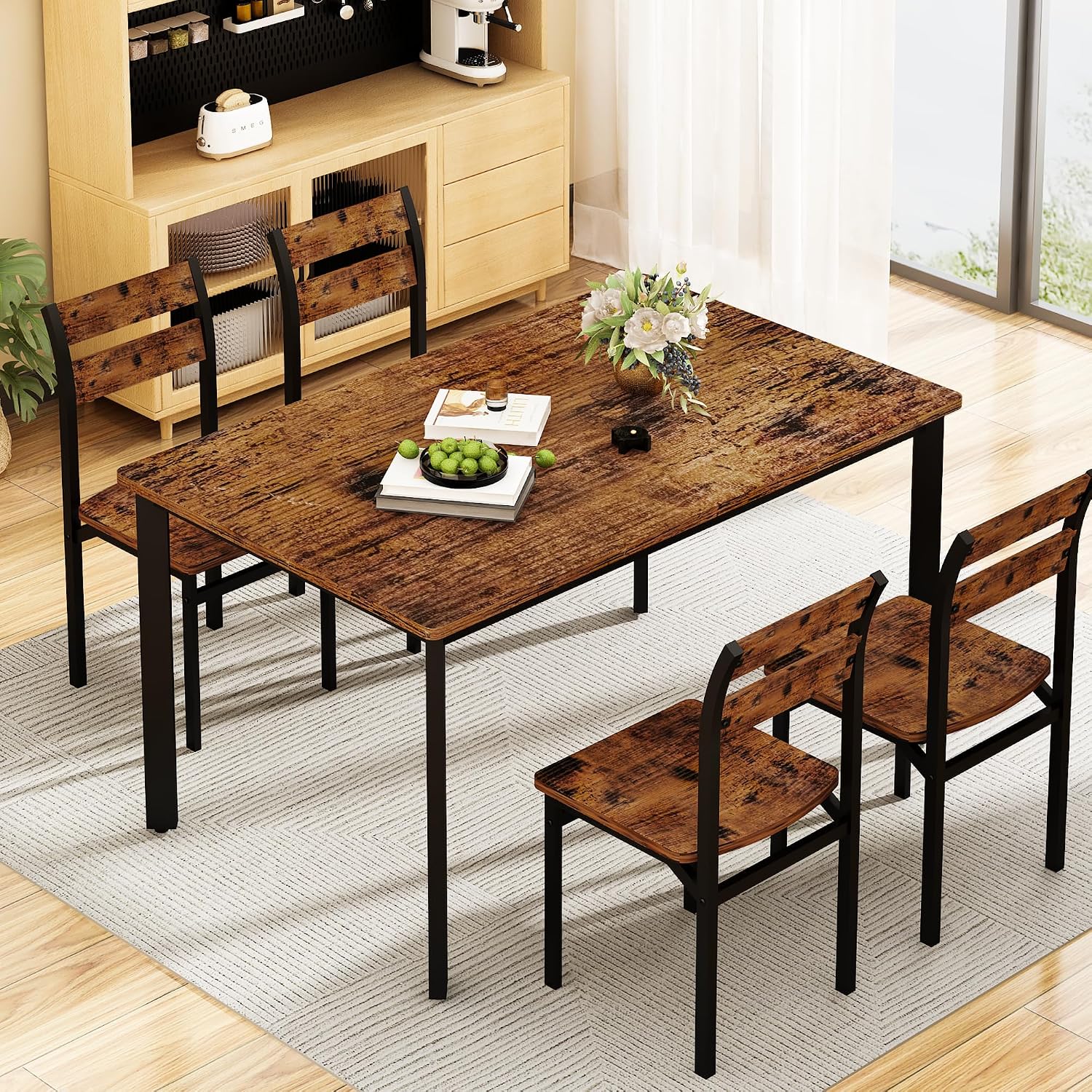 Recaceik Dining Table Set for 4 Wood Kitchen Table Chairs Set, 47 '' Farmhouse 5 Piece Dining Room Table Set, Space-Saving Dinette Set for Breakfast Nook, Apartment, Brown