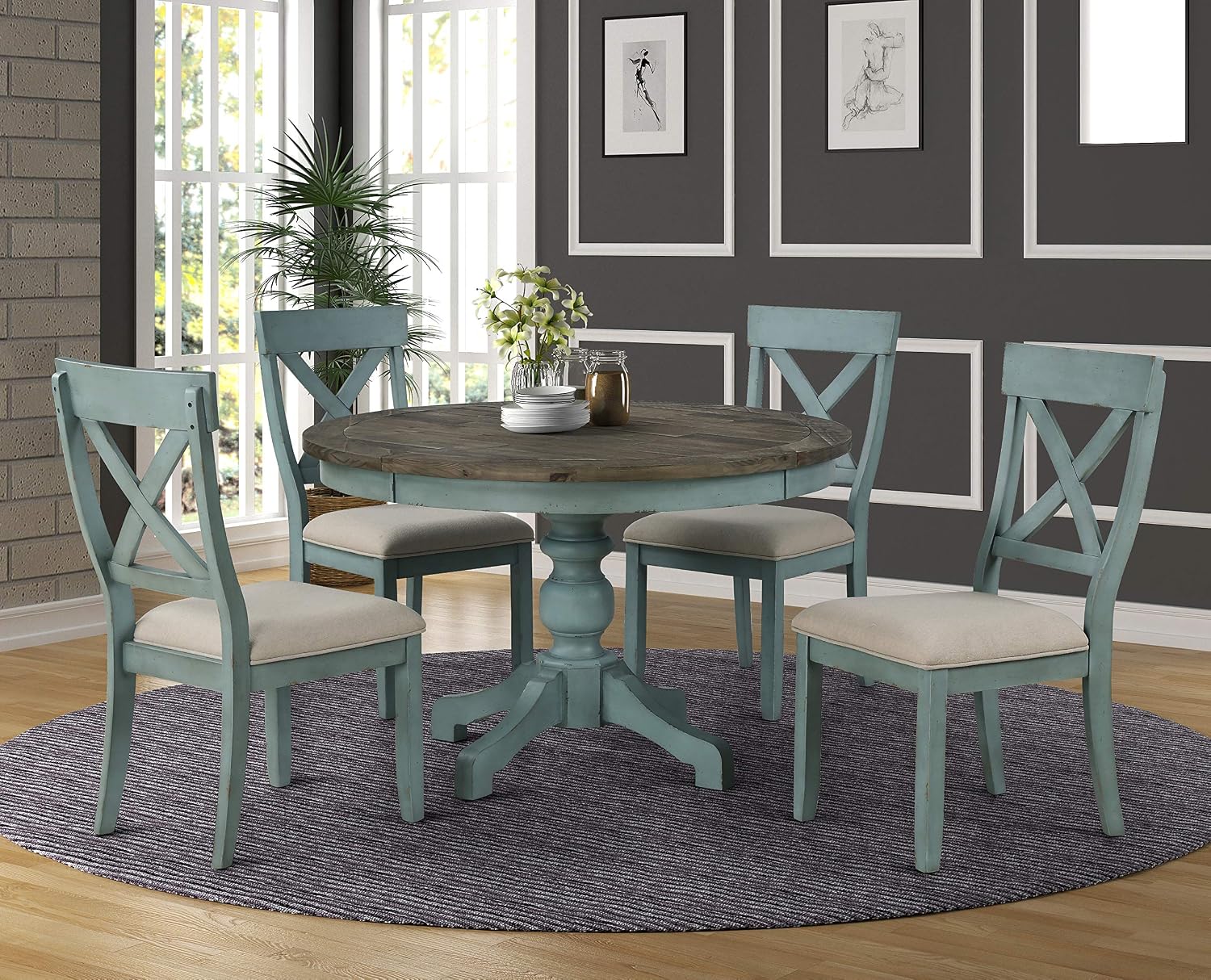Roundhill Furniture Prato Round Two-Tone Finish Wood Dining Table, Blue and Brown