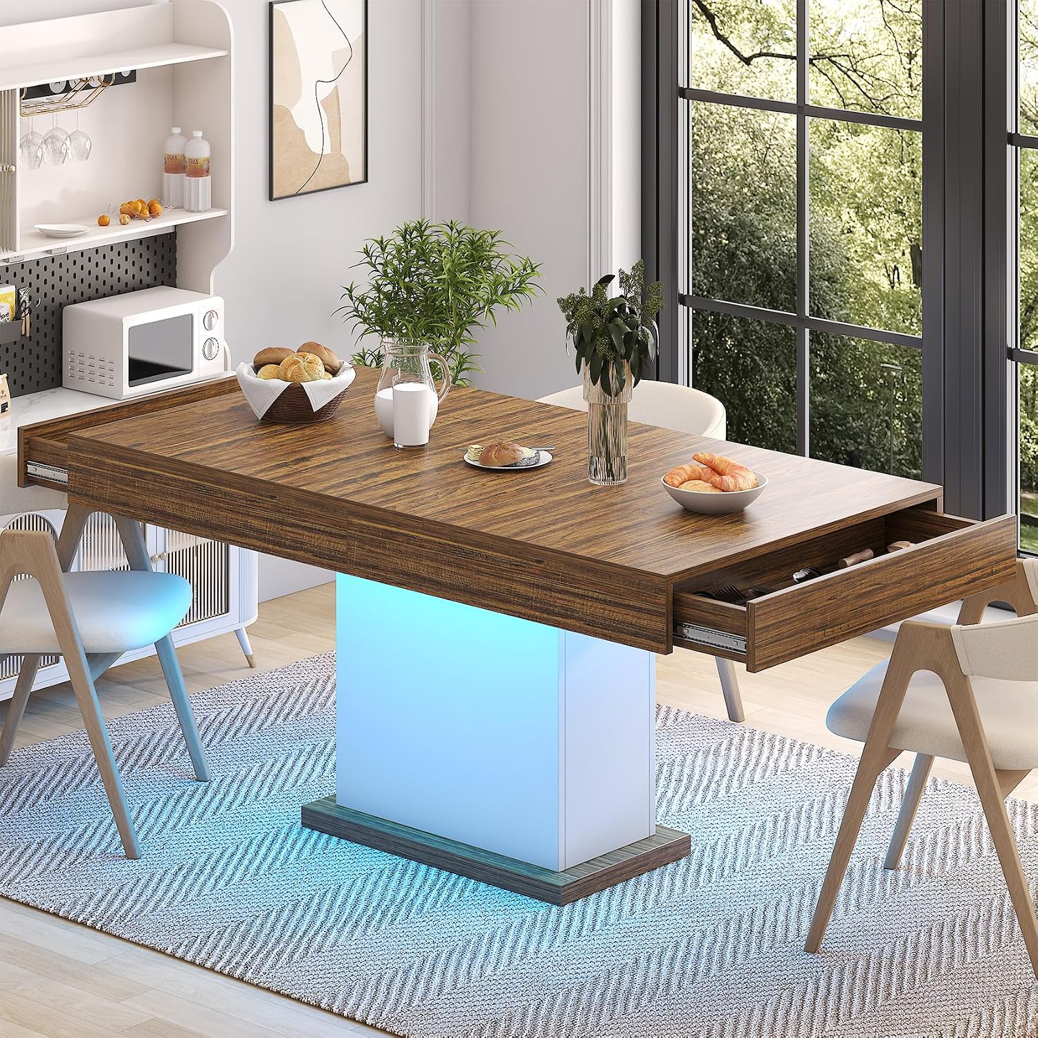 Dining Table with Drawers for 4-6 People, 55 Inches Dinner Table with Led Lights Wooden Pedestal Base, Rectangular Kitchen Table for Kitchen, Living Room, White& Rustic Brown