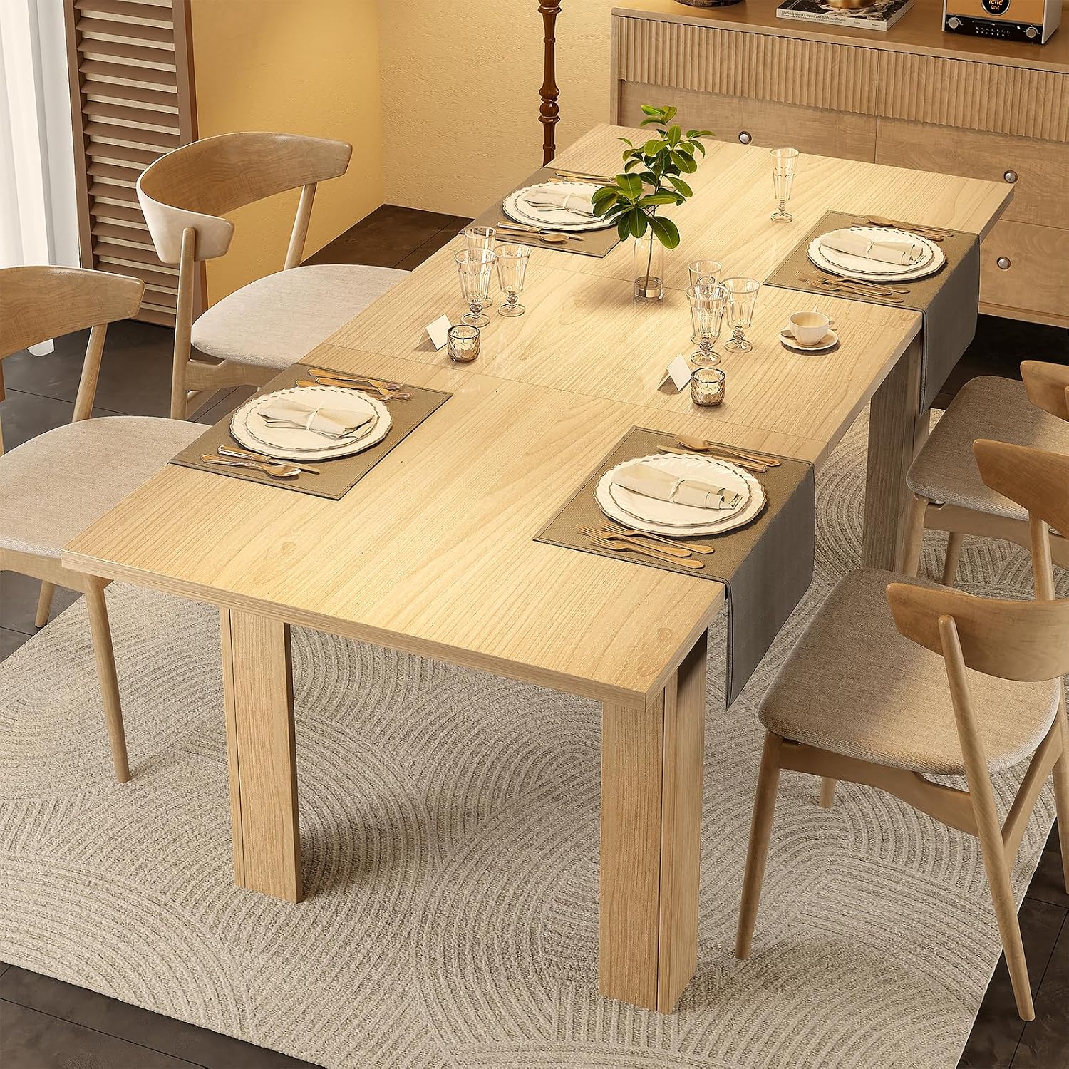 Miereirl 59'–77' Extendable Farmhouse Dining Table for 6–8, Space-Saving Rectangular Kitchen Table with Easy Pull-Out Extension for Family Meals, Work & Everyday Use (Natural)