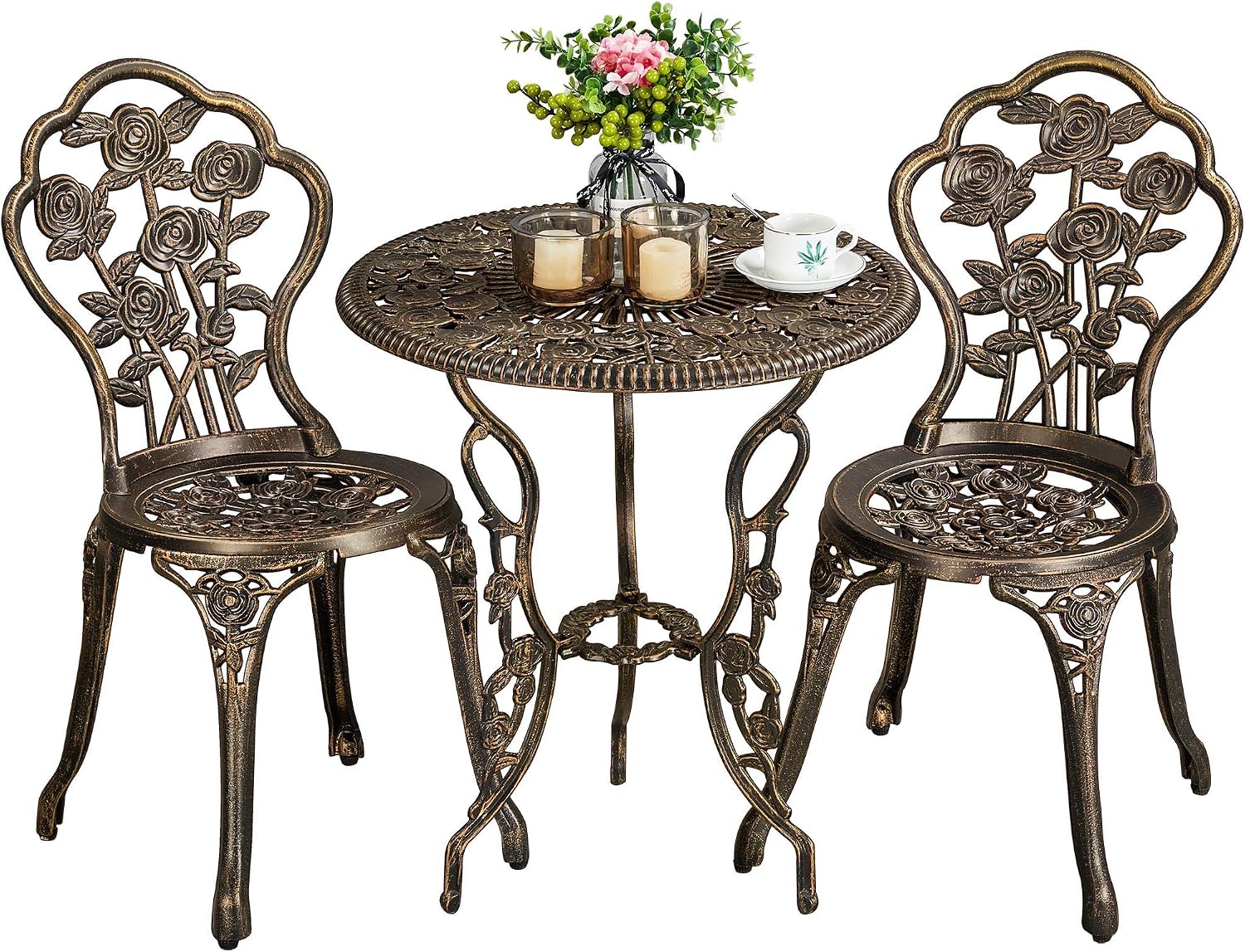 Yaheetech 3-Piece Outdoor Bistro Set w/Rose Design, Rust-Resistant Cast Aluminum Table and Chairs w/Umbrella Hole for Balcony Backyard Garden - Bronze