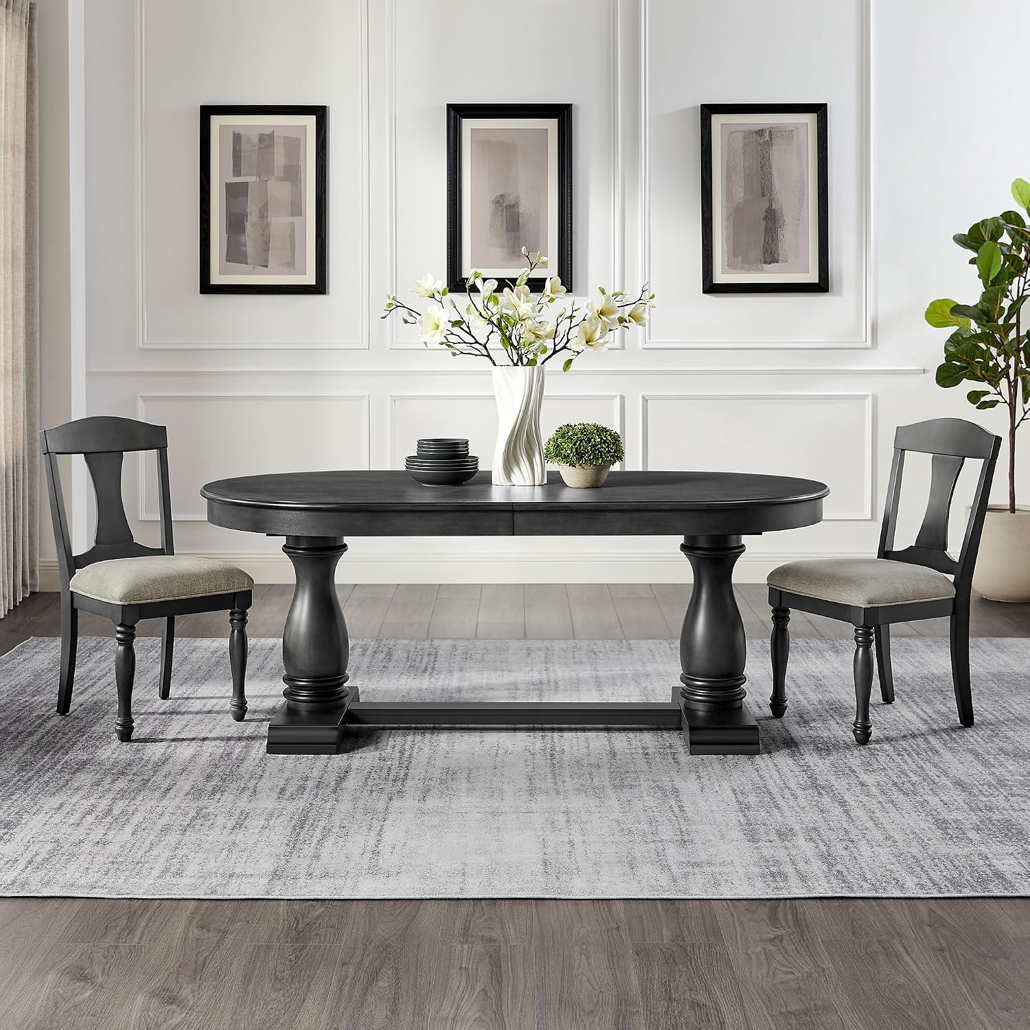 7-Pcs 94.06'' Extendable Wood Dining Table Set, Oval Large Kitchen Table & 6 Upholstered Chairs, Modern Mid-Century Style, Black