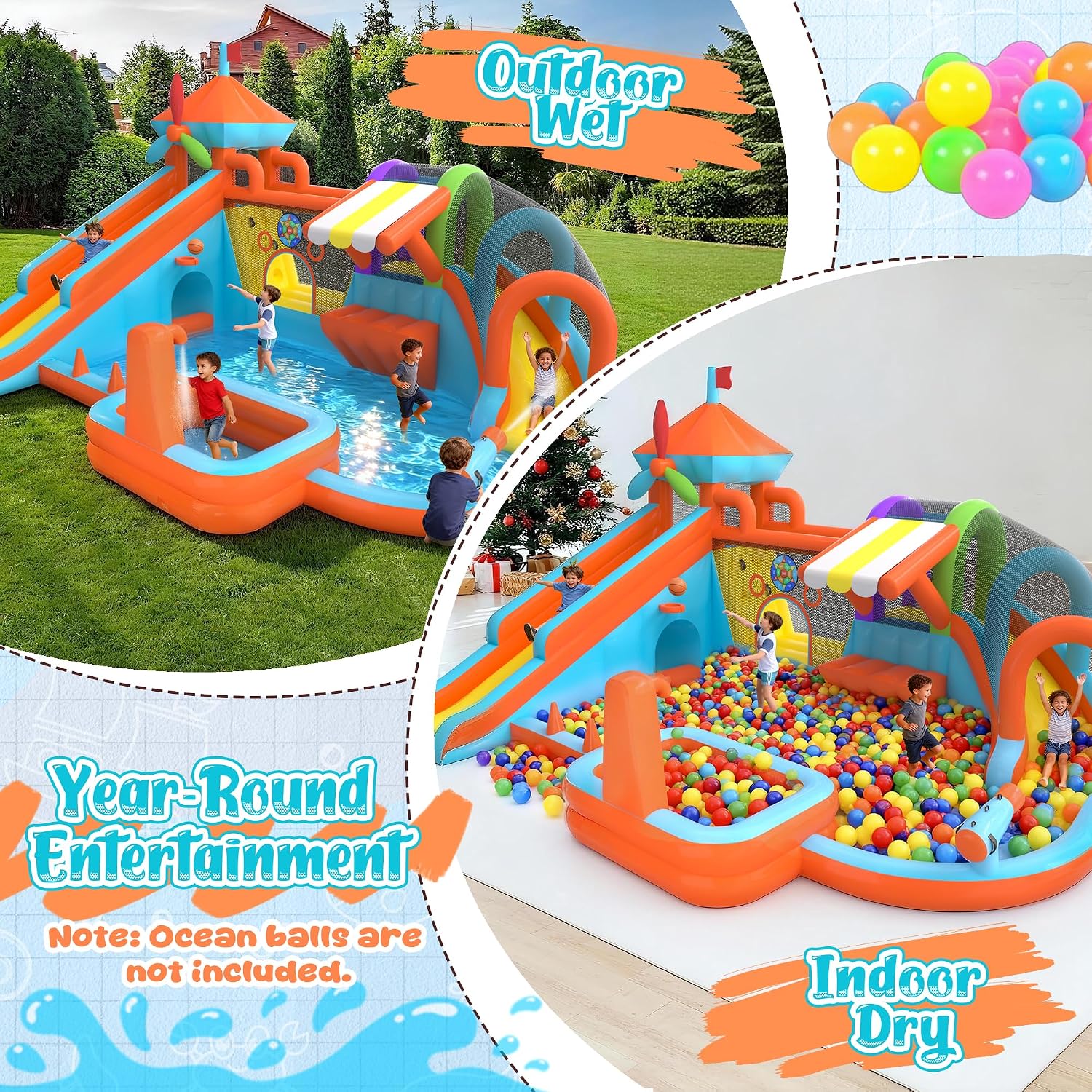 Water Bounce House for Big Kids 8-12, Double Water Slide Bounce House with 750W Blower, Toy Stand, Climbing Wall, Jumping, Water Gun, Splash Pool, Basketball Hoop for Indoor Outdoor Backyard