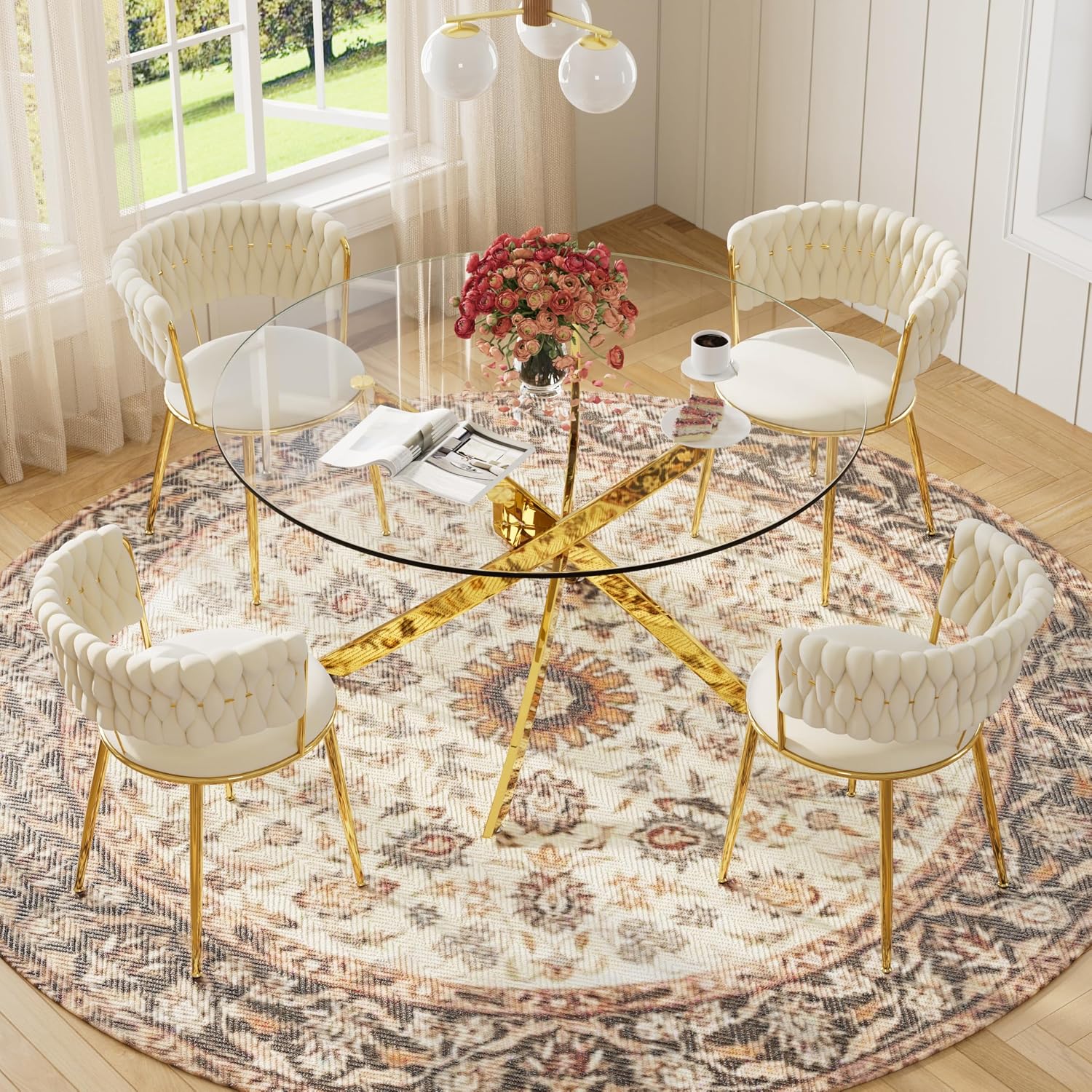 47'' Round Glass Dining Table Set for 4, Modern Glass Kitchen Table Set with Gold Base & 4 Luxury Beige Gold Velvet Dining Chairs, 5-Piece Circle Dinner Table Set for Home Apartment
