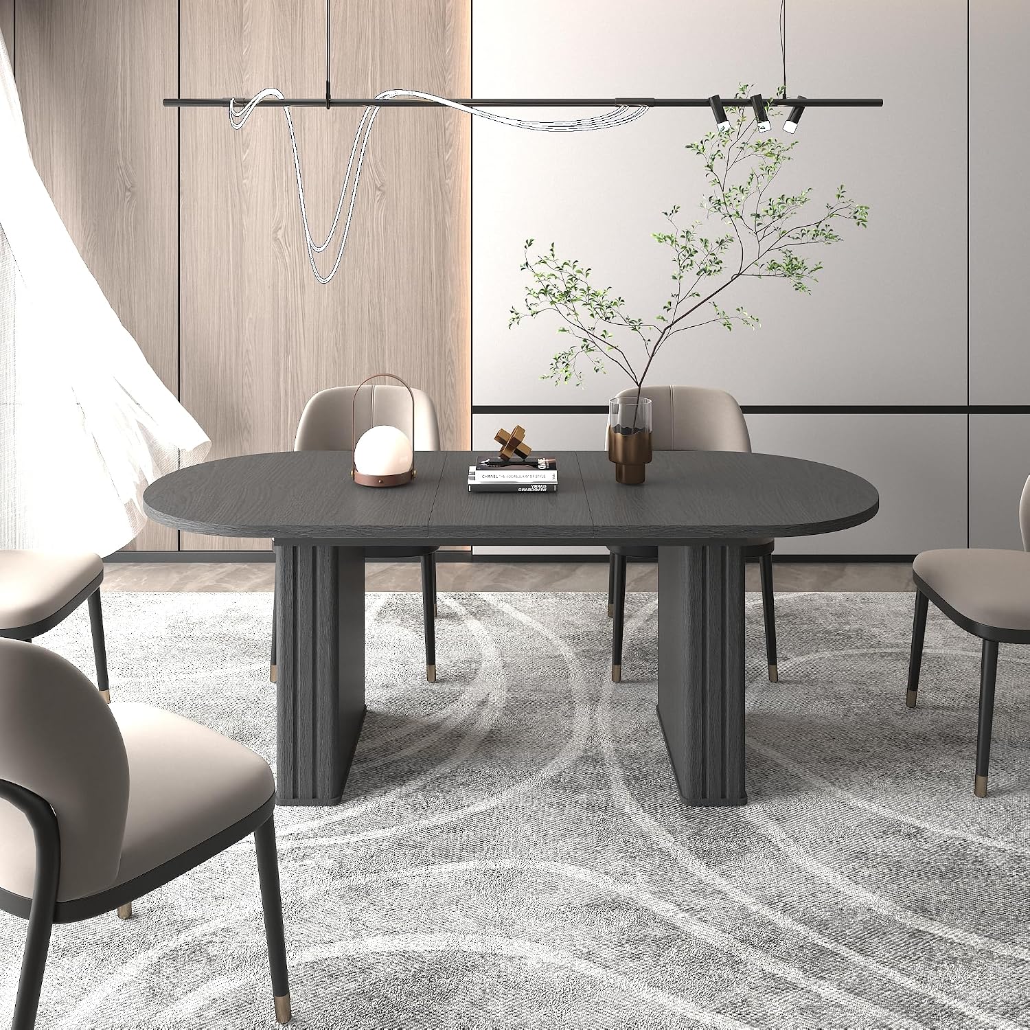 78.74'' Extendable Oval Dining Table with for 4-8, Modern Mid-Century Wood Expandable Kitchen Dinner Conference Table for Living Room Office, Black
