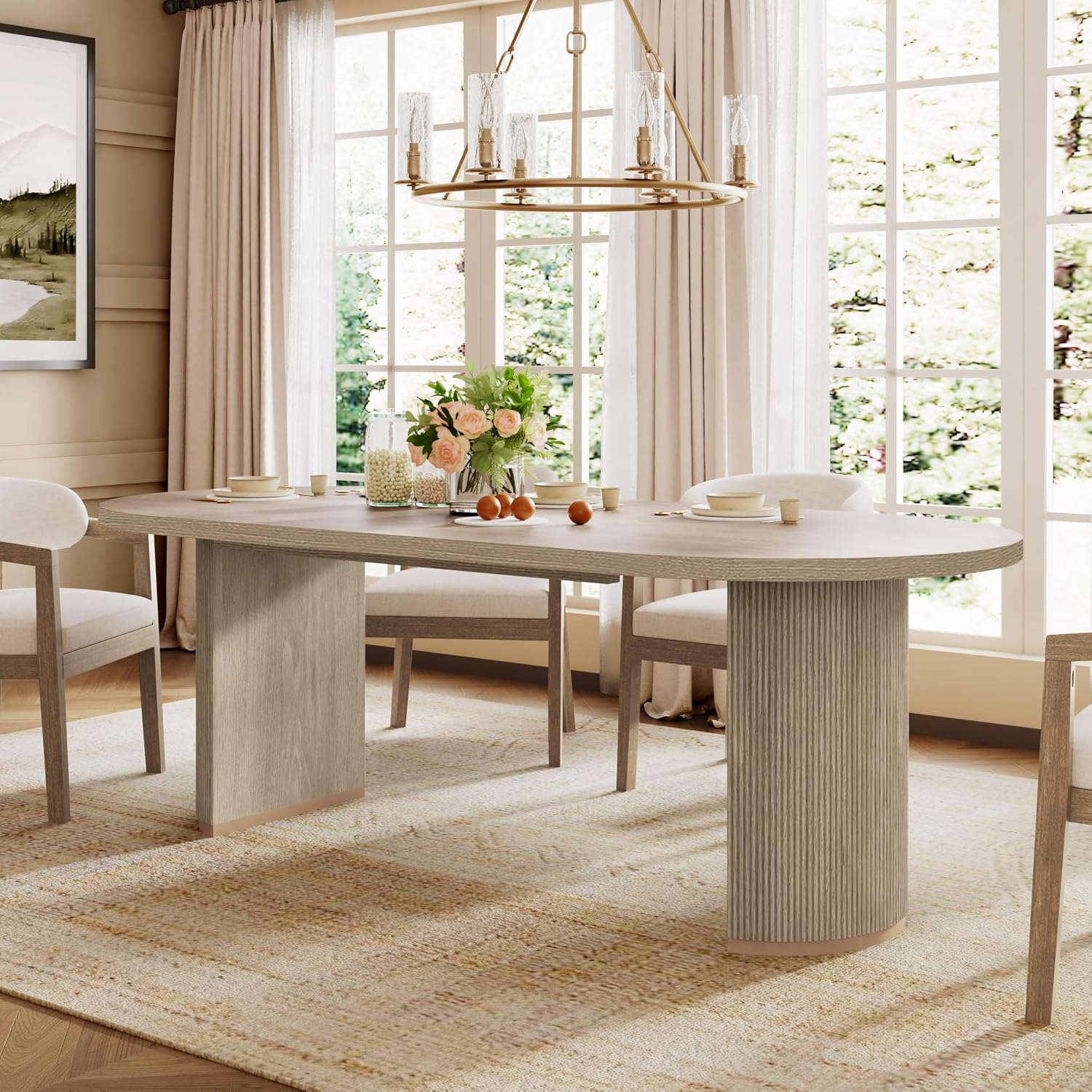 Christopher Knight Home Lancas Modern Minimalist Wooden Indoor Dining Table - Oval Top Pedestal Design - Dining Table Set for 6 - Light Ash Finish - Restaurant, Family Gatherings, Kitchen, Dining Room