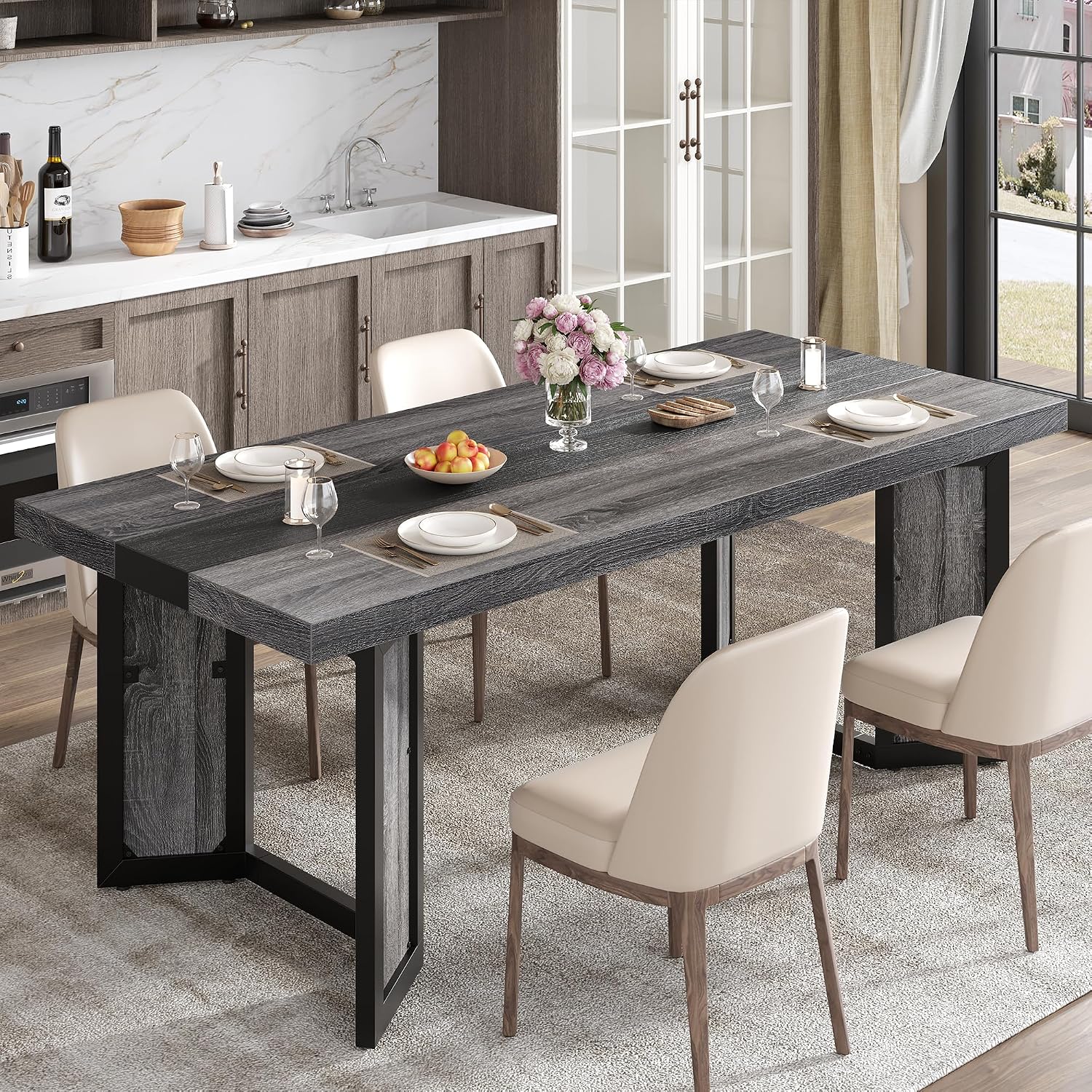 knoworld Industrial Dining Table for 6-8 People, 71' Large Long Wooden Kitchen Table with Sturdy Metal Frame & Brown Finish, Rustic Style Rectangular Dinner Table for Dining Room, Kitchen (Oak Gray)
