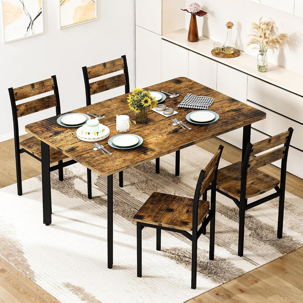 Recaceik Dining Table Set for 4 Wood Kitchen Table Chairs Set, 43 '' Farmhouse 5 Piece Dining Room Table Set, Space-Saving Dinette Set for Breakfast Nook, Apartment