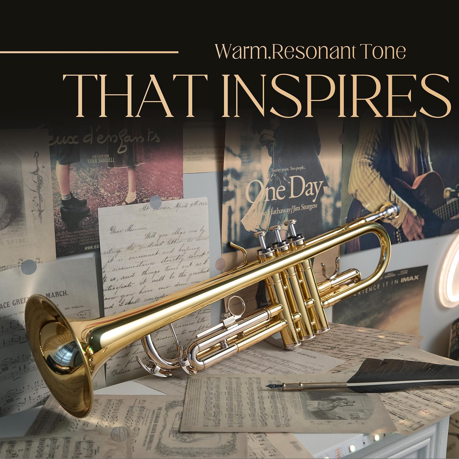 AKLOT Hand-Hammered Bell Bb Trumpet: Smooth Valve Action, Clear-Lacquered Brass Body, Standard Trumpet Beginner Set with Leather Case, Lesson Book, Trumpet Mute, Mouthpiece, Cleaning Kit (SNR-BrzED)