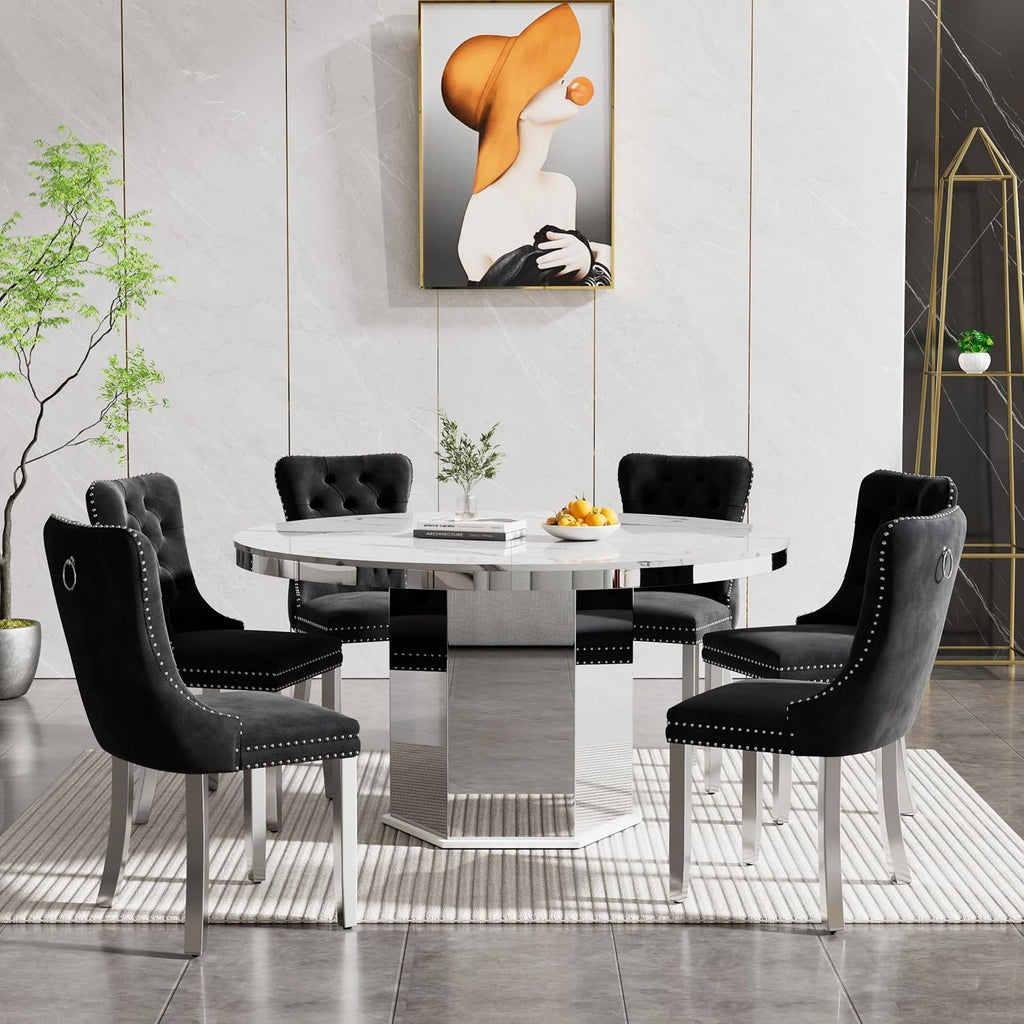 7 Pieces 47'-63' White Faux Marble Extendable Dining Table Set, Round Expanding Kitchen and Dining Room Table Set for 6 with Mirrored Acrylic Base & Black Velvet Upholstered Chairs