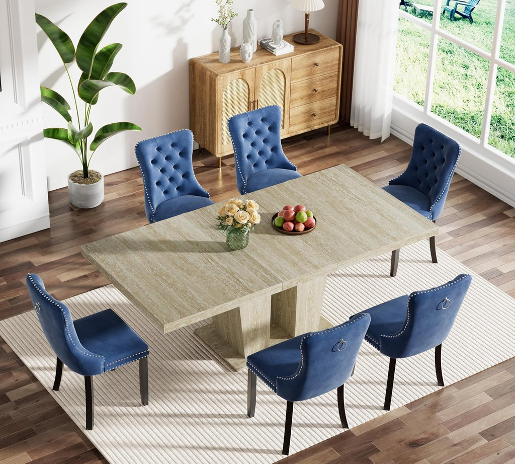 Henf 7 Pieces Extendable Dining Table Set for 6, 63'-79' Faux Mars Kitchen Table Set with 6 Blue Chairs, Faux Marble Expandable Dining Room Tables Set for 6,Modern Dinner Tables Set for 6