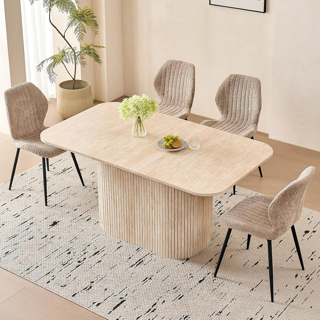 Large 63' Large Dining Table for 4 6, [Rounded Corners] [Grooved Pedestal Base] Modern Rectangle Kitchen Dinner Dining Living Room Table