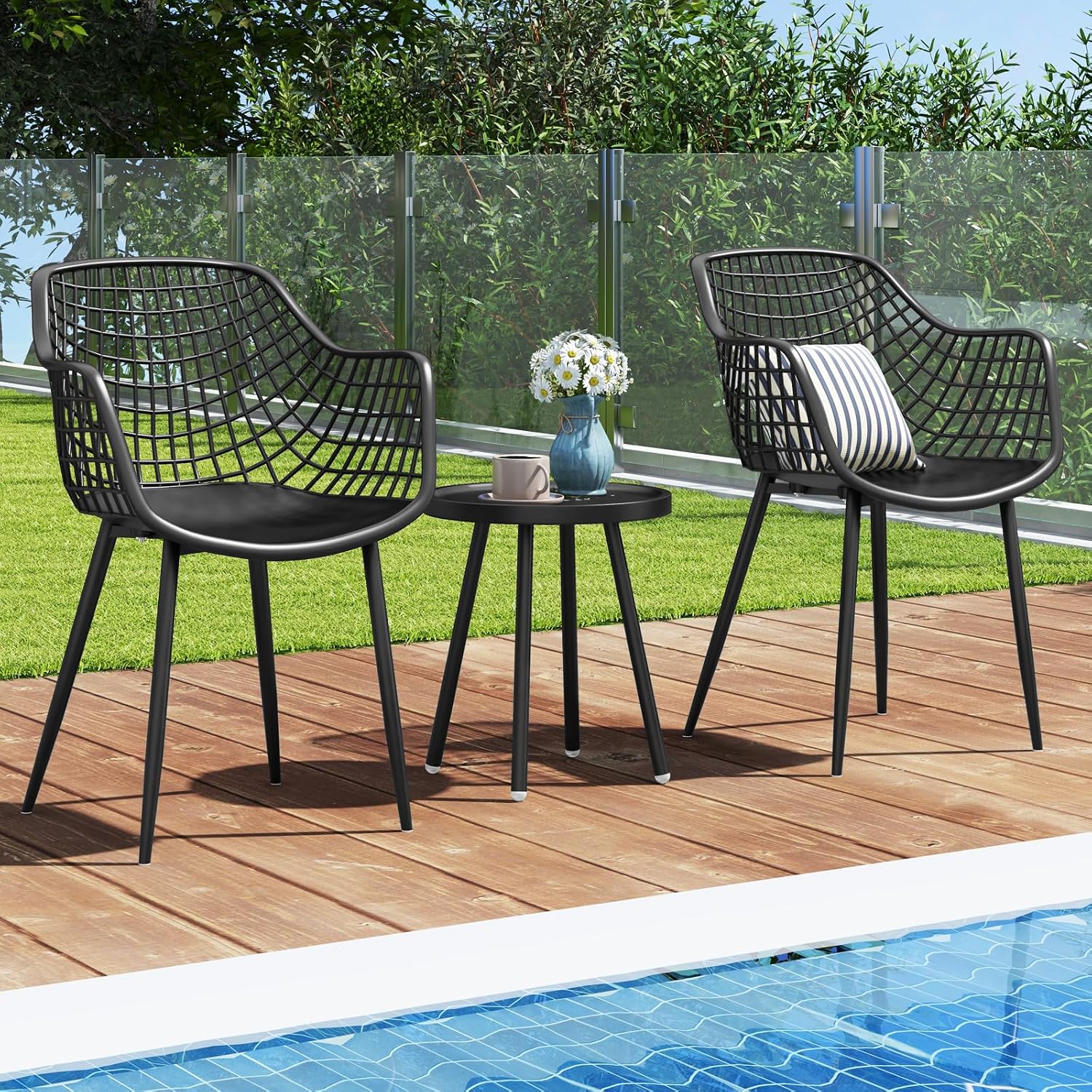 Tangkula 3 Piece Patio Bistro Set, All Weather Heavy Duty Table and Chairs Set of 2 with Widen Seats, Outdoor Furniture Set for Porch, Balcony, Backyard (Black)