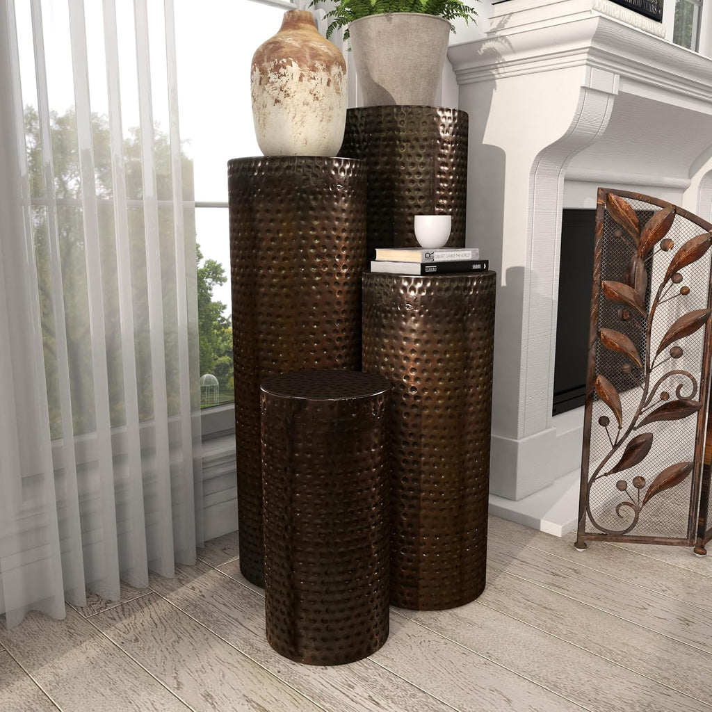 Deco 79 Metal Cylinder Pedestal Table with Hammered Design, Set of 4 36', 32', 24', 18'H, Brown