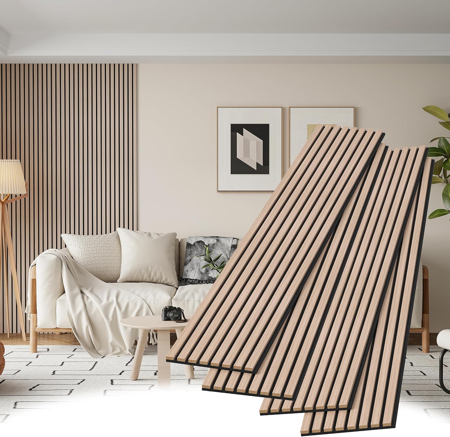 POHARE Wood Slat Wall Panels, 4 Pack Accent Decorative Acoustic Wood Slats for Wall and Ceilings, Acoustic Panels for Interior Wall Décor on Felt Back Board, Natural, 8 x 1 ft