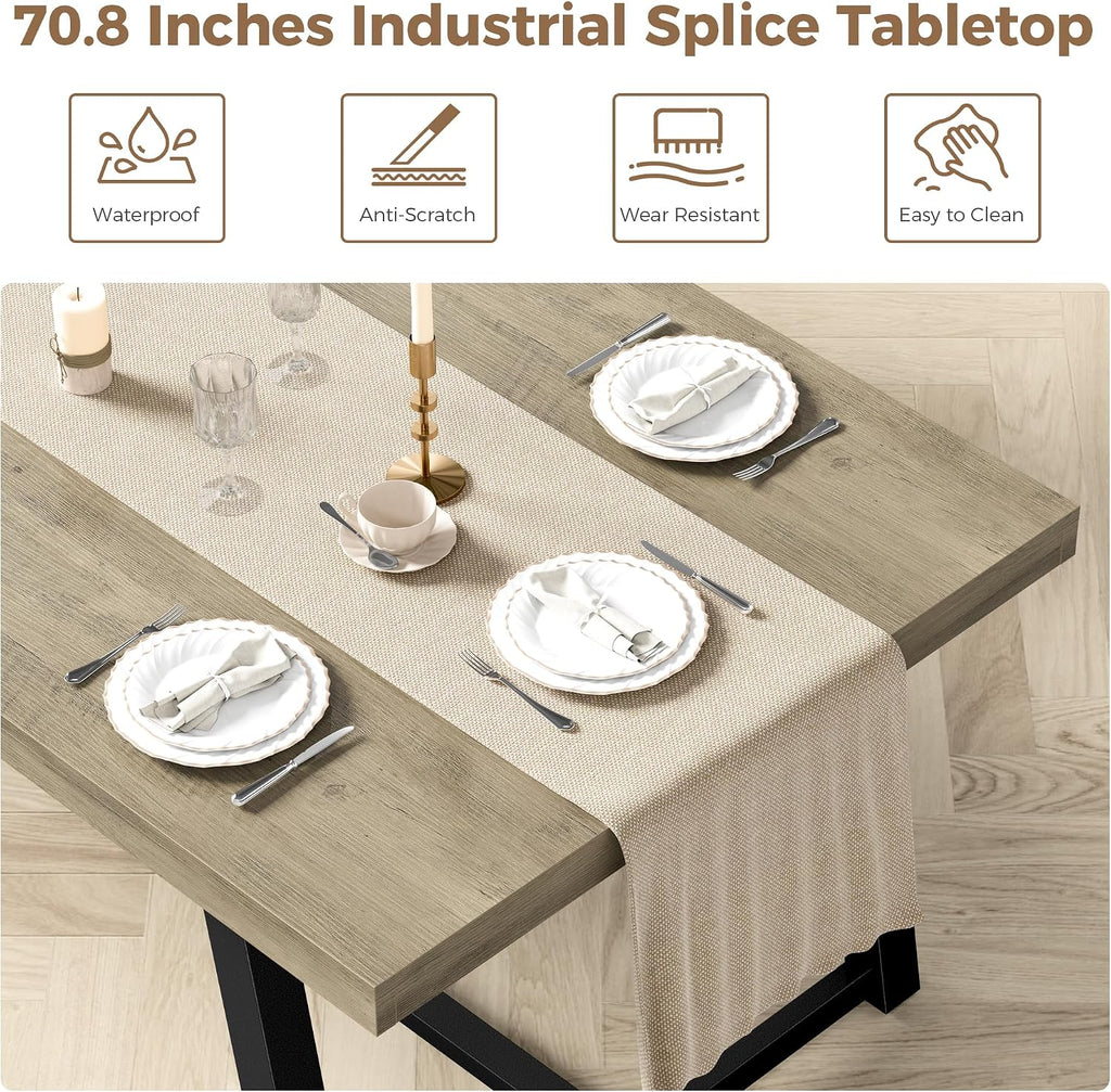 IRONCK 71' Dining Table for 6-8 People, Industrial Kitchen Table with Sturdy Metal Frame, Rectangular Grey Wood Dinner Table for Dining Room