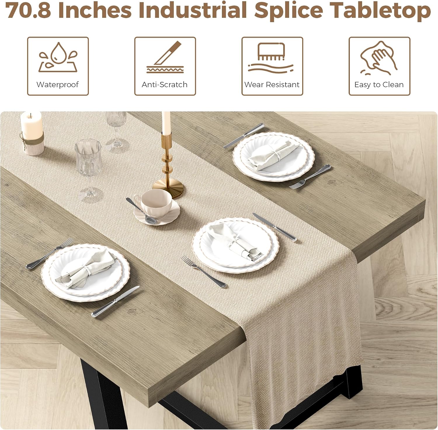 IRONCK 71' Dining Table for 6-8 People, Industrial Kitchen Table with Sturdy Metal Frame, Rectangular Grey Wood Dinner Table for Dining Room