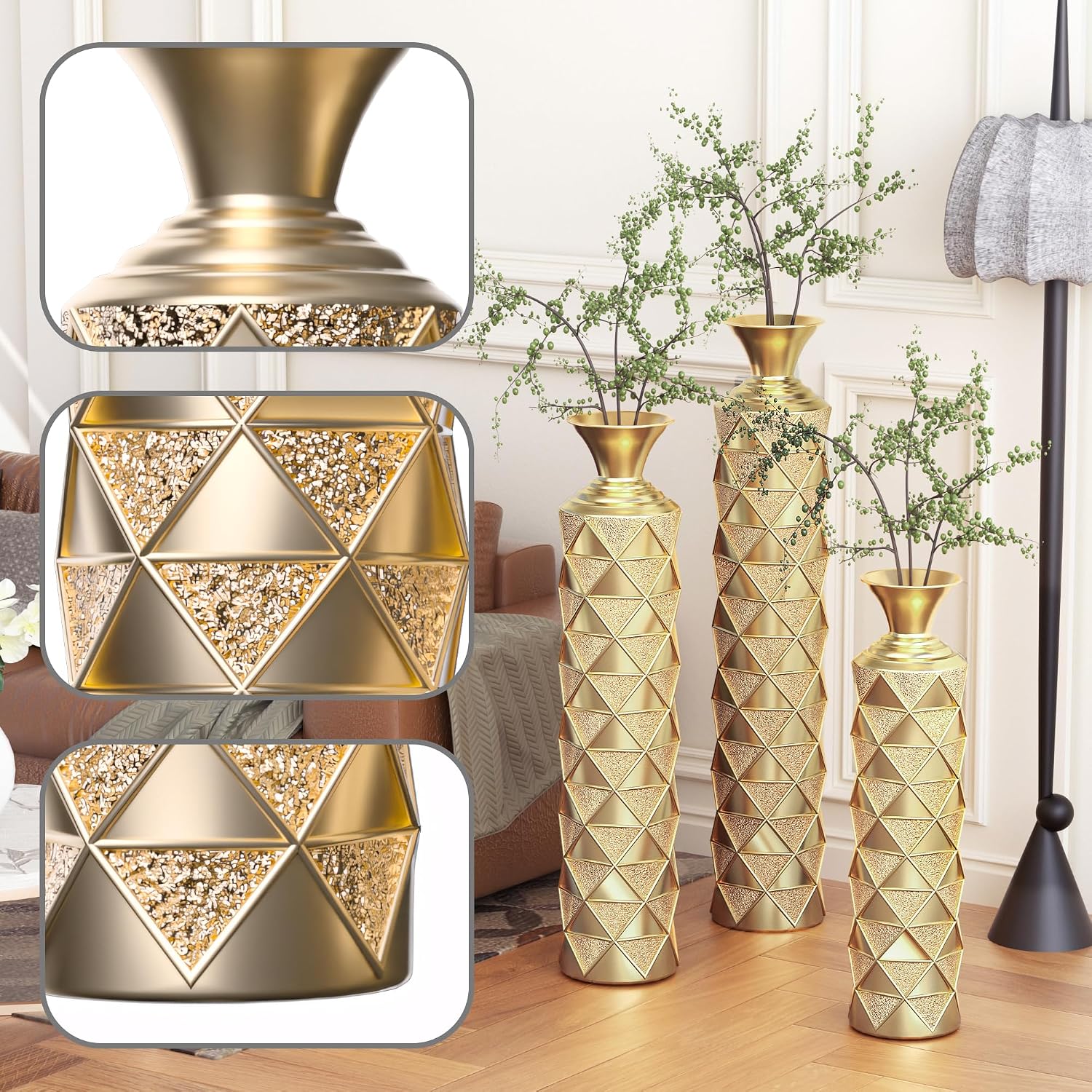 Floor Metal Decorated Vases Set of 3 for Gorgeous Home Decoration Large Glazed Metal Vases (Antique Gold)