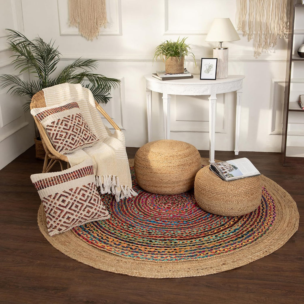 · REDEARTH · Jute Circular Low Pouf Ottoman - Braided Pouffe Accent Sitting Round Footrest for Living Room, Bedroom, Nursery, kidsroom, Patio, Gym; 100% Jute Set of 2 (18'X18'X10'; Natural)