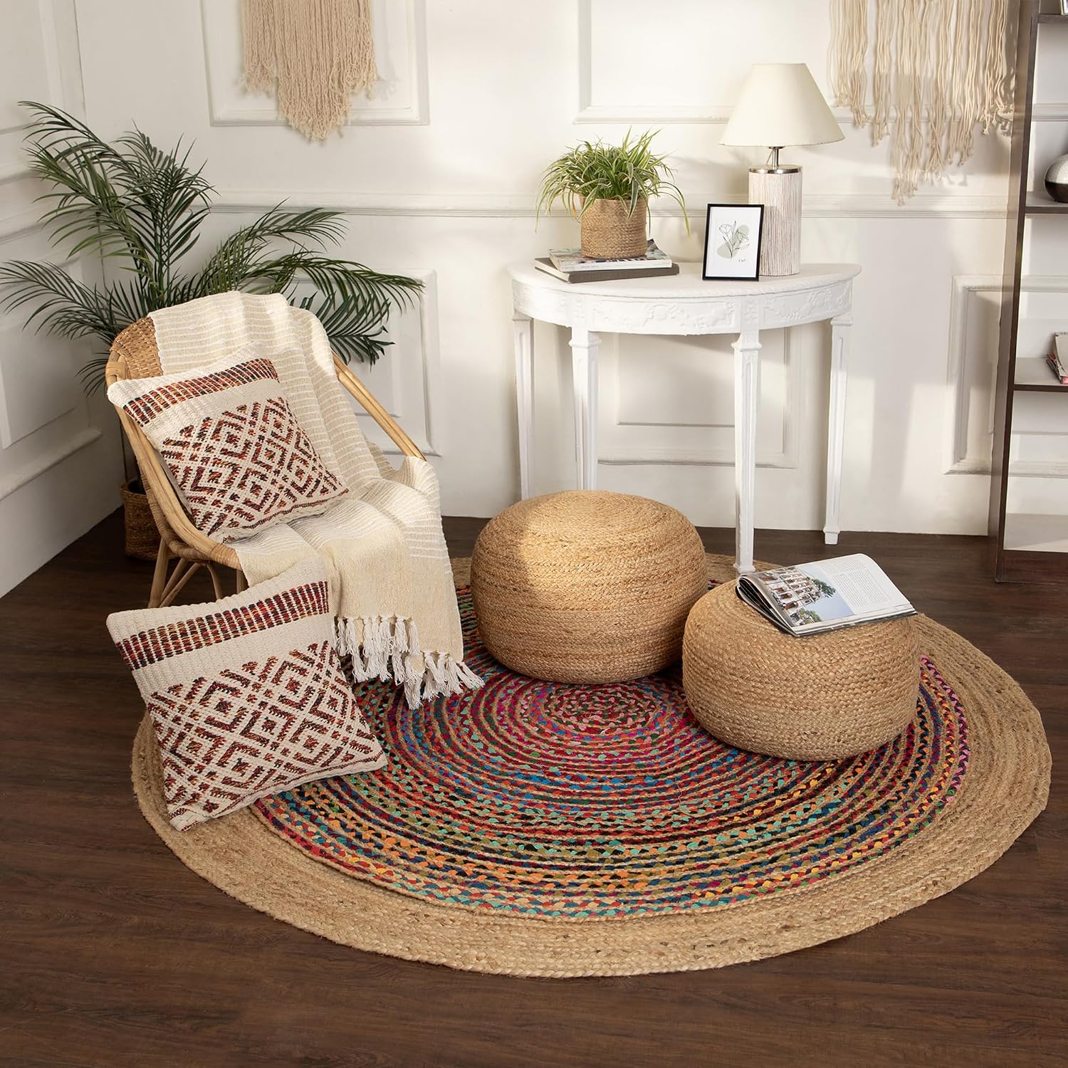 · REDEARTH · Jute Circular Low Pouf Ottoman - Braided Pouffe Accent Sitting Round Footrest for Living Room, Bedroom, Nursery, kidsroom, Patio, Gym; 100% Jute Set of 2 (18'X18'X10'; Natural)