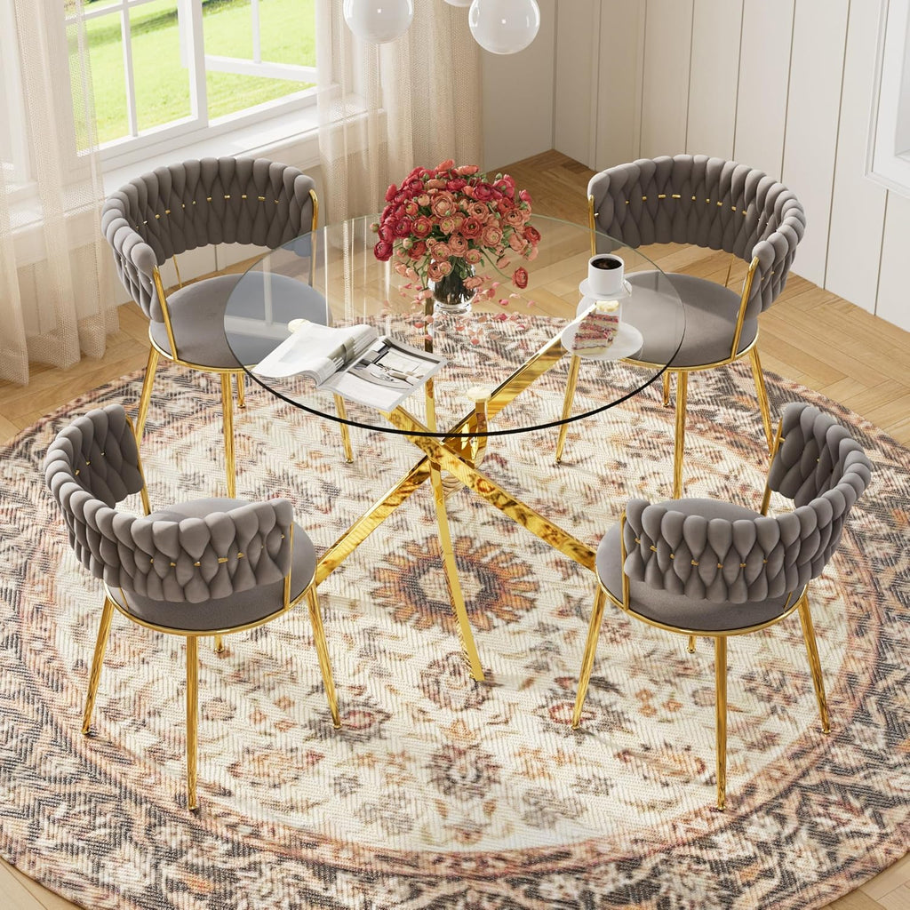 Round Glass Dining Table Set for 4, 36'' Small Circle Glass Kitchen Table with 4 Luxury Grey Gold Velvet Dining Chairs, 5-Piece Dining Room Table Set for Small Place(Gold Base)