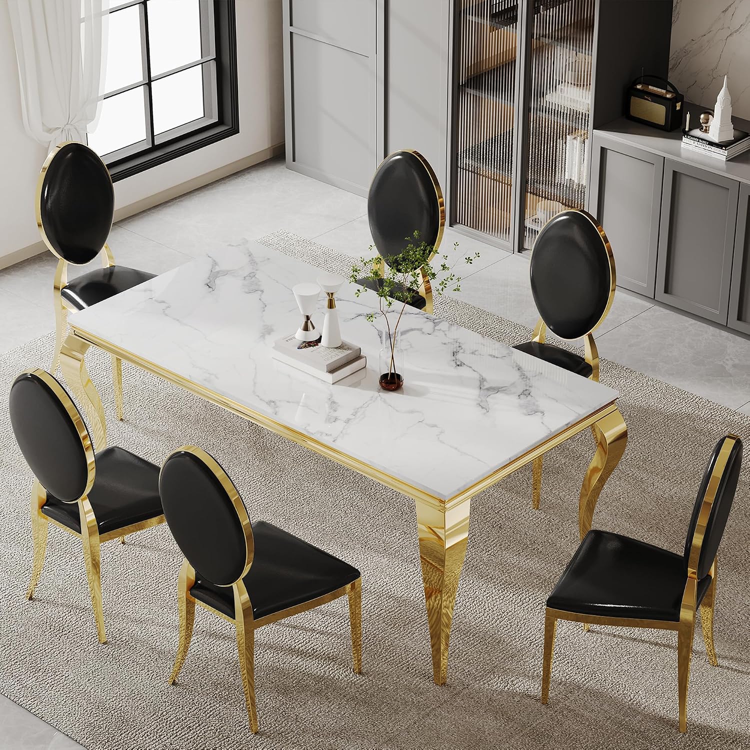 AF ARTISAN FURNITURE Modern Marble Dining Table Set of 6-70' Faux Marble Kitchen Table with 6 Leather Chairs, White Marble Top & Gold Mirrored Stainless Steel Legs, 6 Pieces Black High Back Chairs