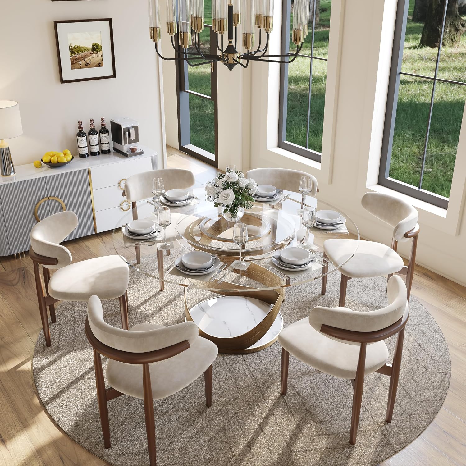 POVISON 59' Modern Round Dining Table, Glass Round Kitchen Table for 6, Glass Dining Room Table Top with Bronze X Carbon Steel Base for Dining Room (Dining Table Only)