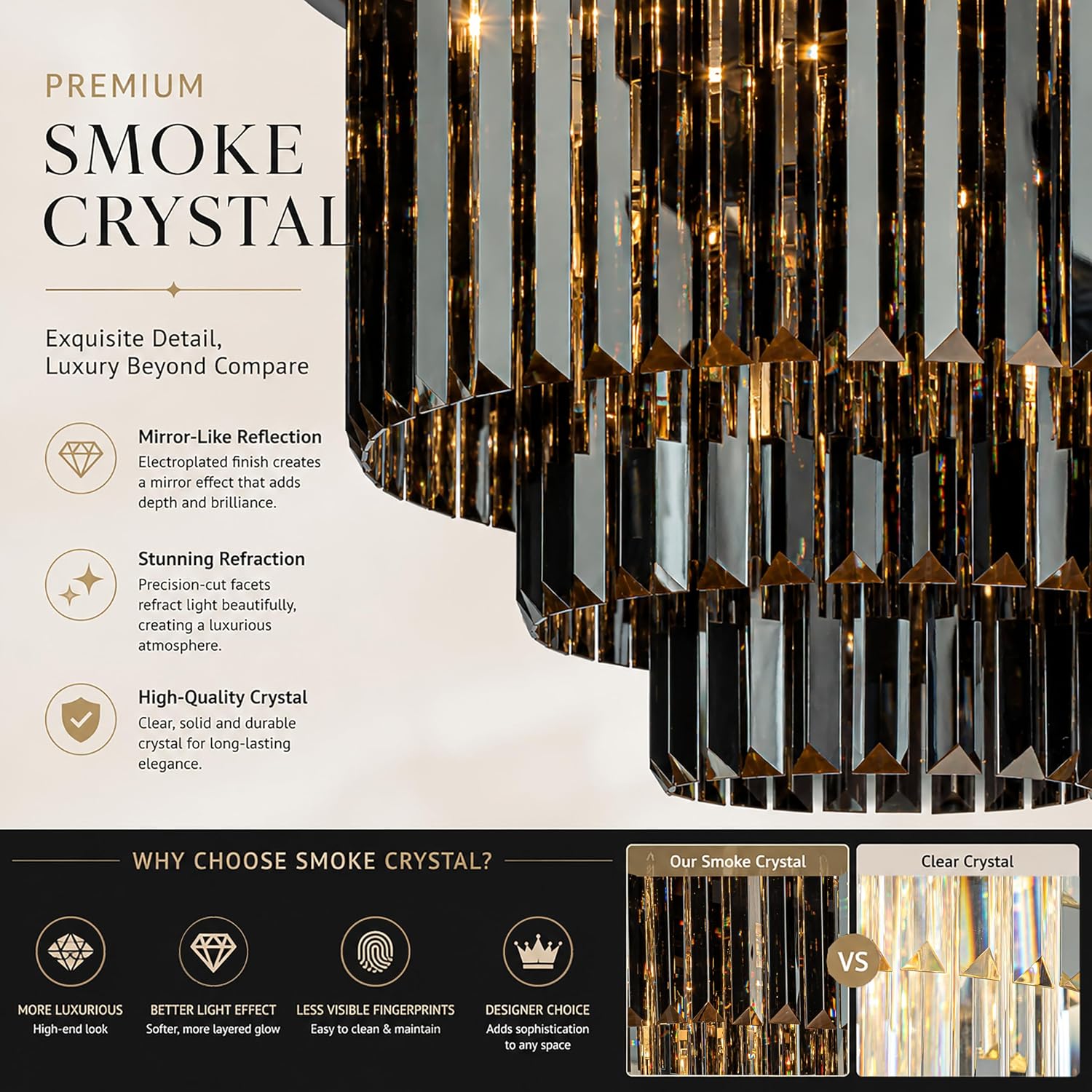 ALOADECOR 6-Light W 20 in. Modern Odeon 3-Tier Round Fringe Crystal Chandelier in Matte Black Finish Frame with Smoke Crystal Accents Dual-Use Light for Dining Room Living Room Bedroom