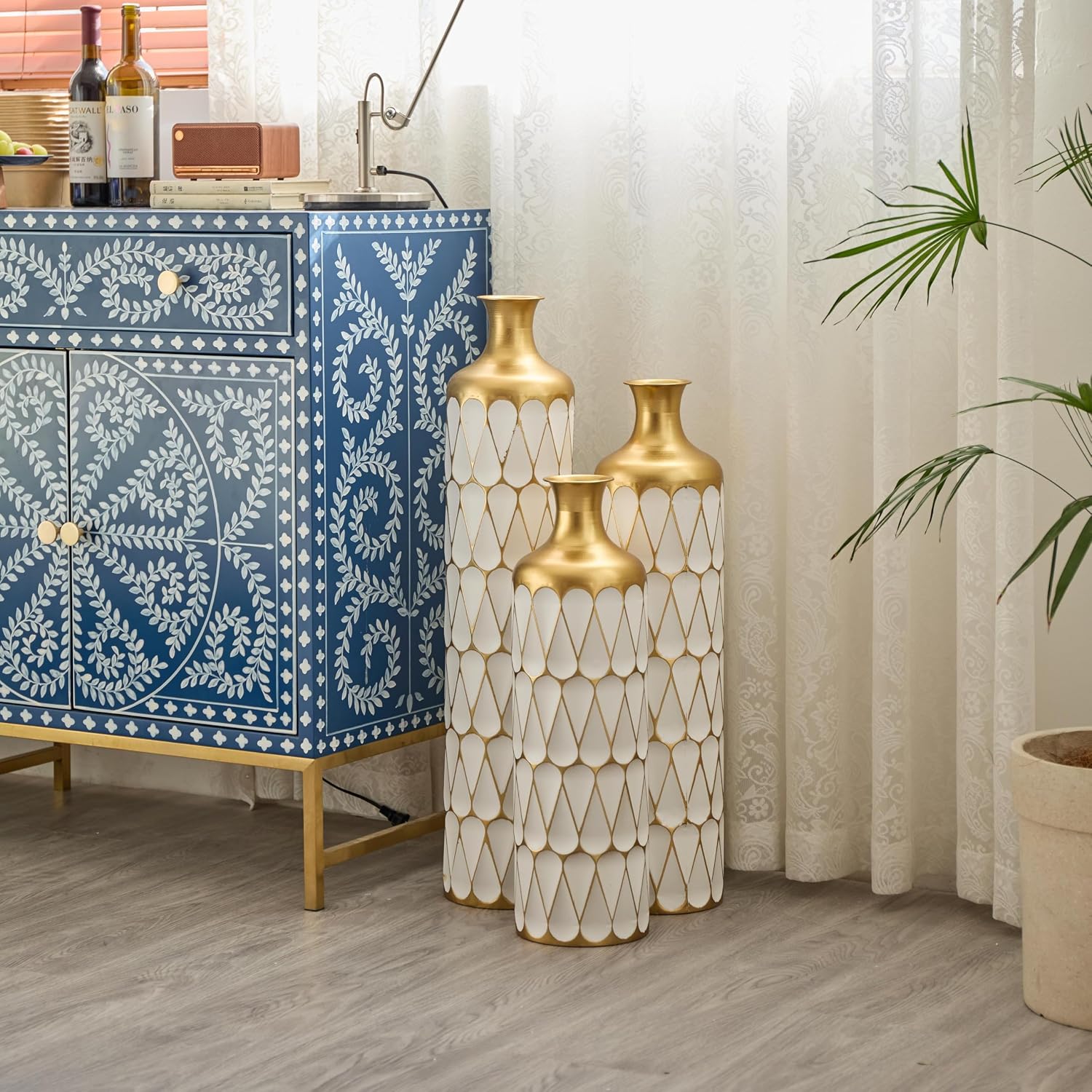 Decorative Floor Vases Set of 3, White and Gold Floral Pattern, Tall Ceramic Standing Vases for Home Decor (Gold+White Balloon)