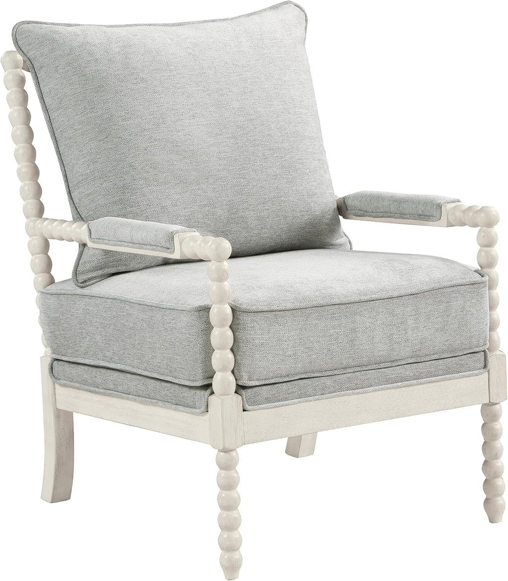 OSP Home Furnishings Kaylee Spindle Accent Chair with Antique White Wood Frame, Smoke Grey Fabric