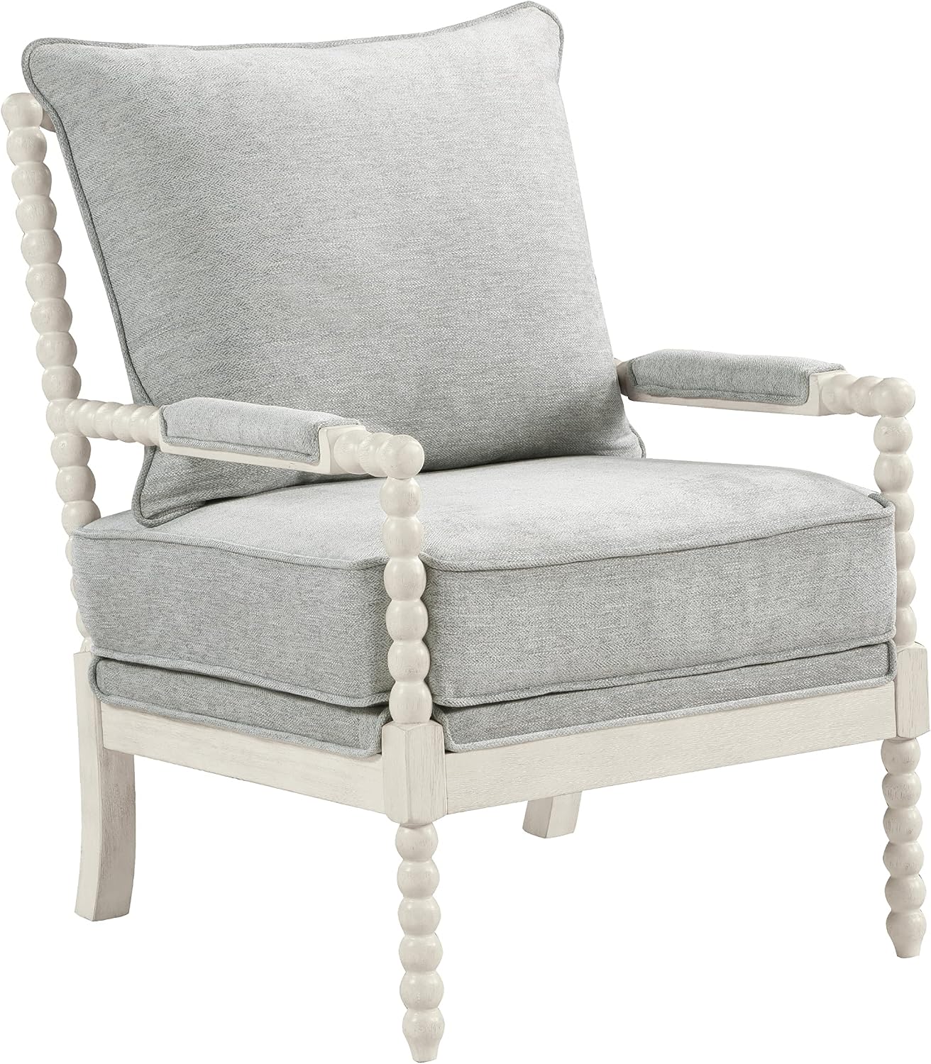 OSP Home Furnishings Kaylee Spindle Accent Chair with Antique White Wood Frame, Smoke Grey Fabric