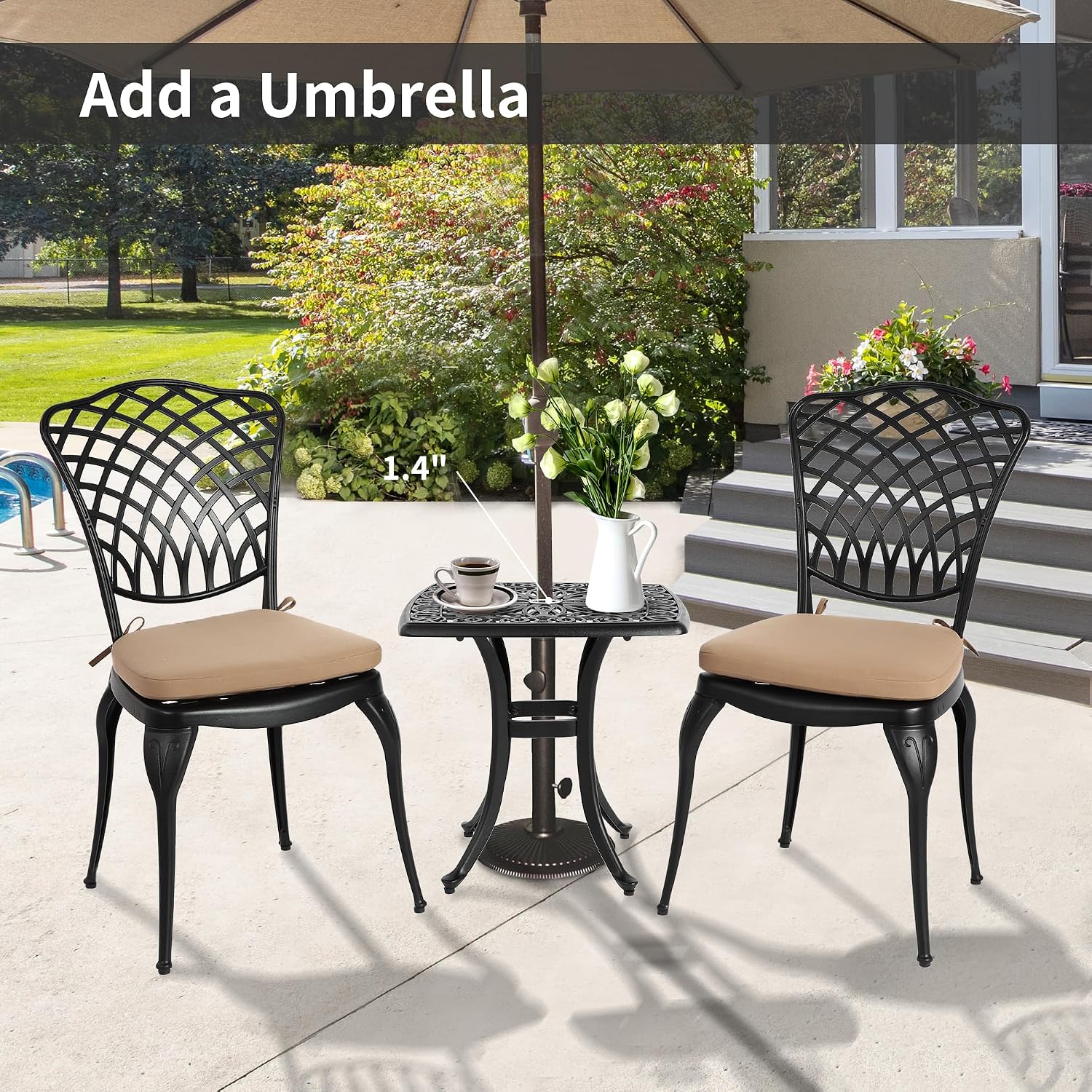 HOMEFUN Thickened Heavy-Duty Cast Aluminum Bistro Set of 2 Outdoor 3 Piece Patio Set with Padded Cushion, Ultra Sturdy Rustproof All-Weather for Garden Balcony, Black