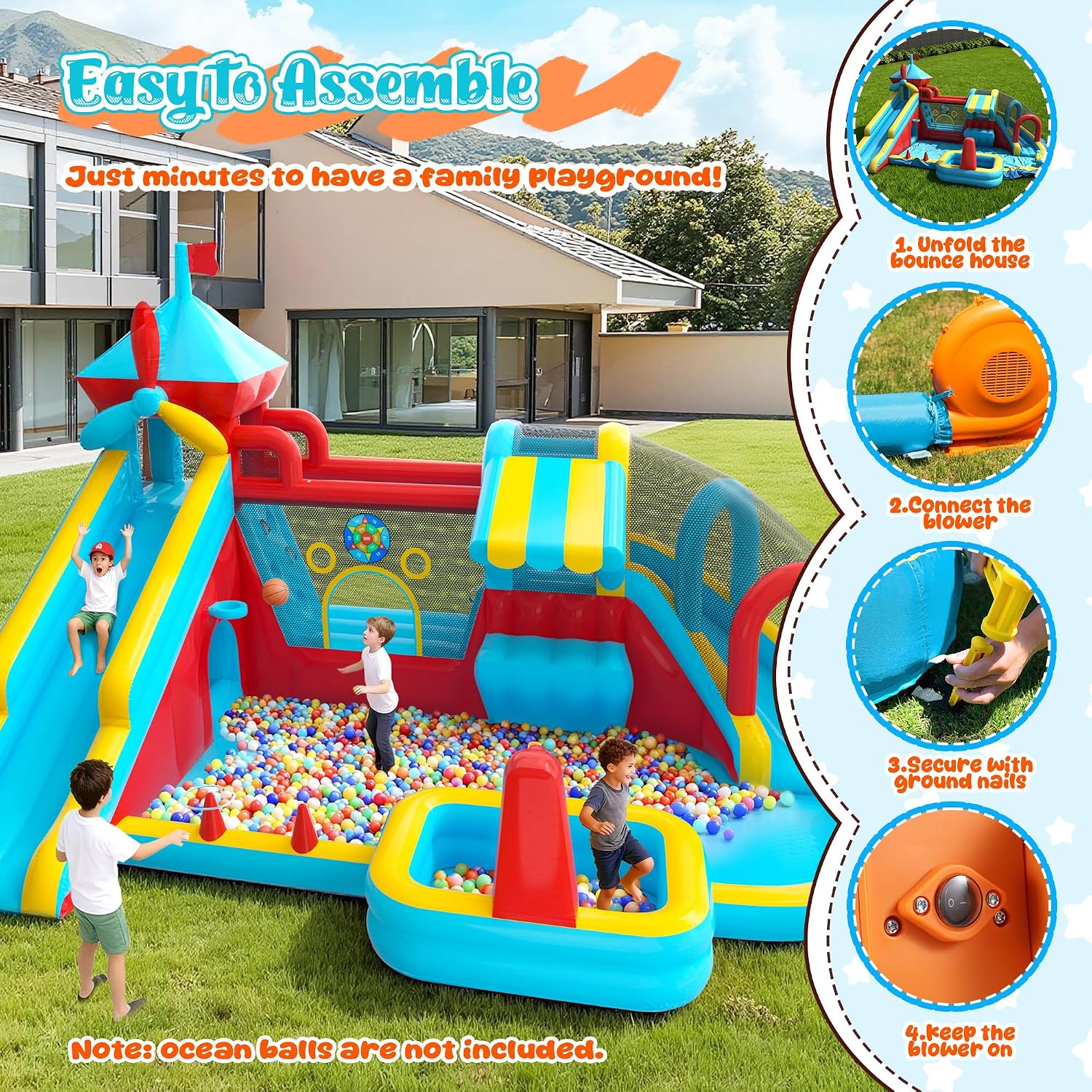 Water Bounce House for Big Kids 8-12, Double Water Slide Bounce House with 750W Blower, Toy Stand, Climbing Wall, Jumping, Water Gun, Splash Pool, Basketball Hoop for Indoor Outdoor Backyard