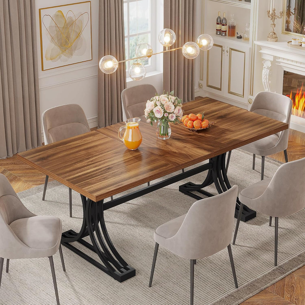 Tribesigns 63-Inch Rectangular Dining Table for 4 to 6, Modern Kitchen Table with Stylish Metal Trestle Legs, Large Dinner Table for Dining Room, Chair Not Included (Rustic Brown and Black)