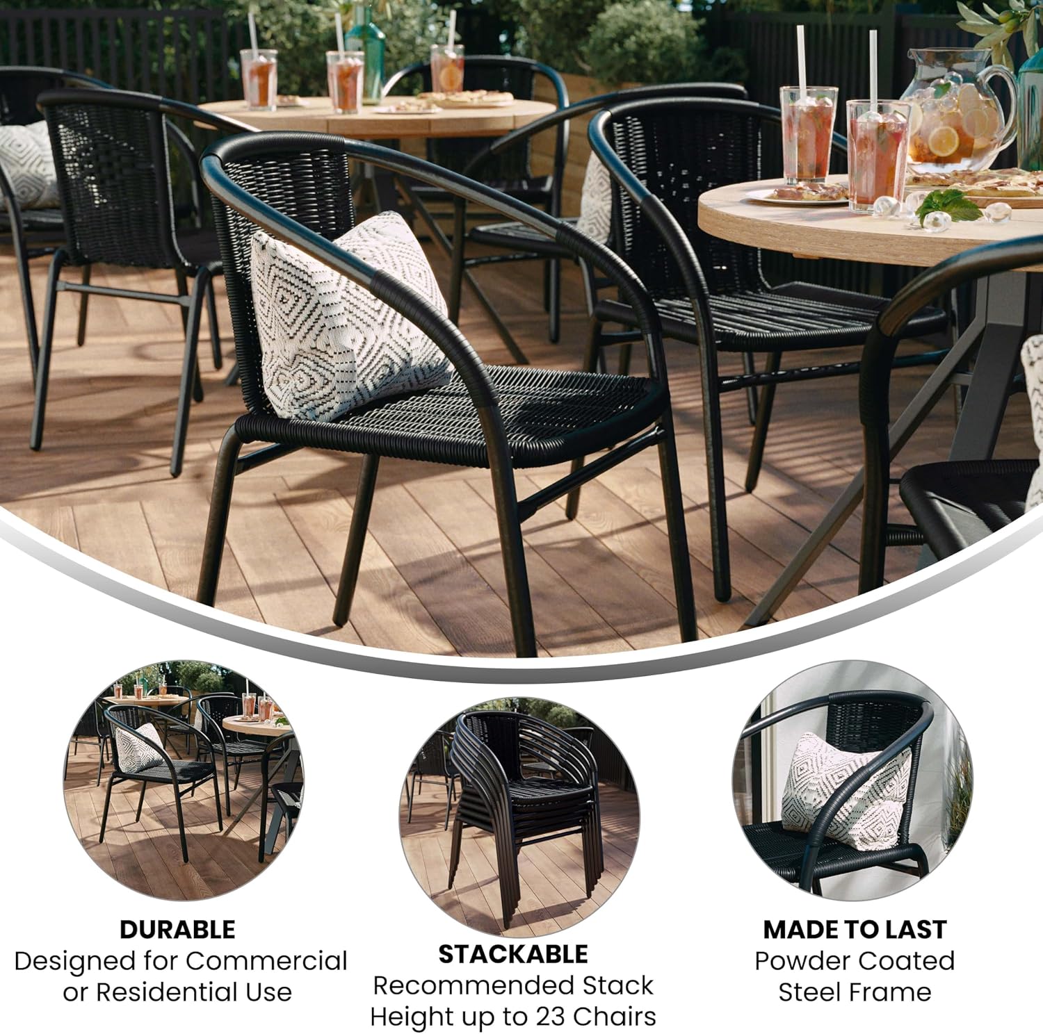 EMMA + OLIVER Set of 4 Modern PE Rattan Stack Chairs, Indoor/Outdoor Patio Dining Chairs, No Assembly Required, Black