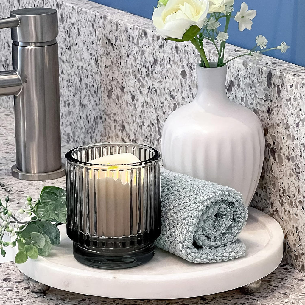 Kate Aspen Ribbed Glass Candle Holder Set - 6 Smoke Gray Tealight Holders for Home, Kitchen, Room or Living Room Decor - Vintage Tea Light Votive Accent for Table or Shelf Styling (Pack of 6)