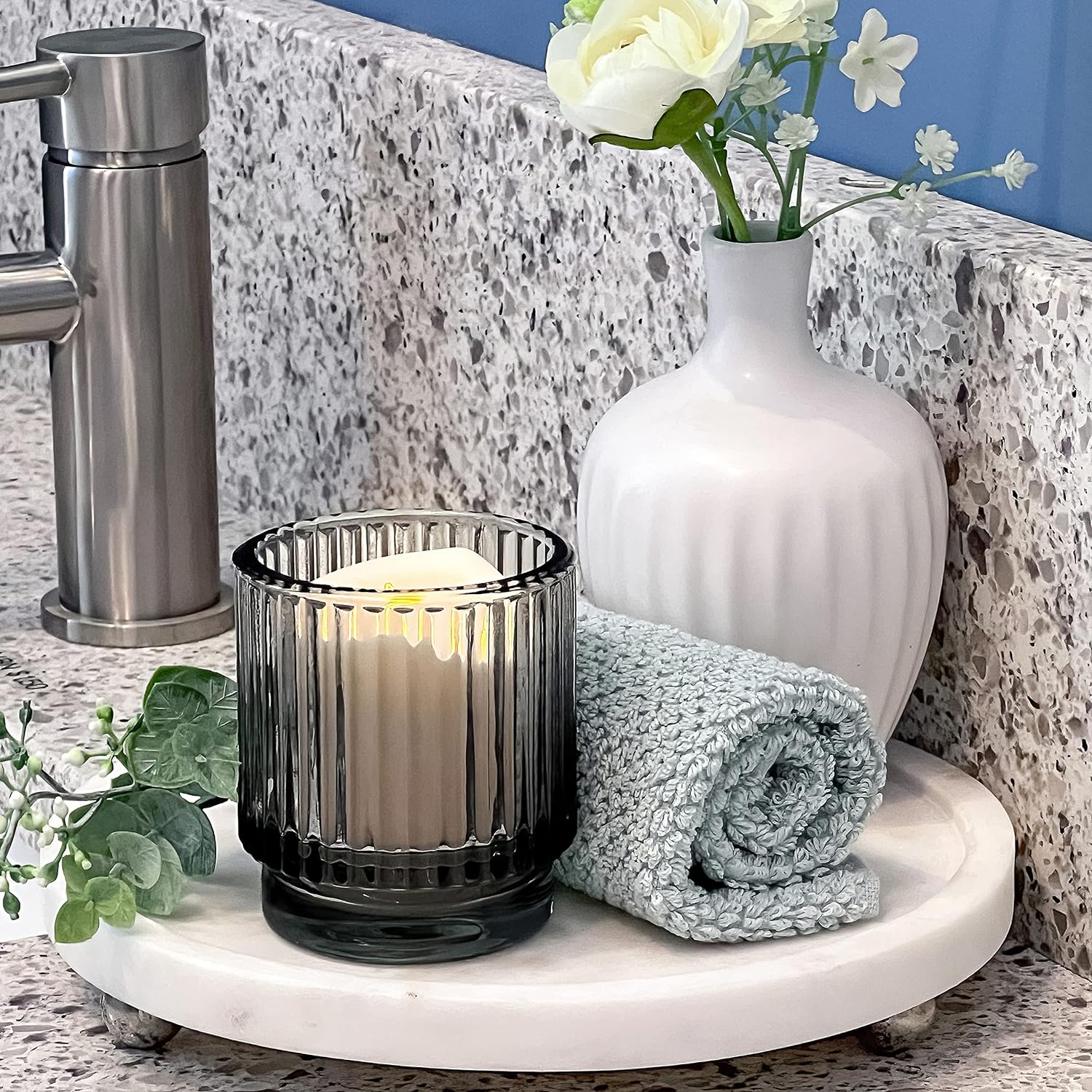 Kate Aspen Ribbed Glass Candle Holder Set - 6 Smoke Gray Tealight Holders for Home, Kitchen, Room or Living Room Decor - Vintage Tea Light Votive Accent for Table or Shelf Styling (Pack of 6)