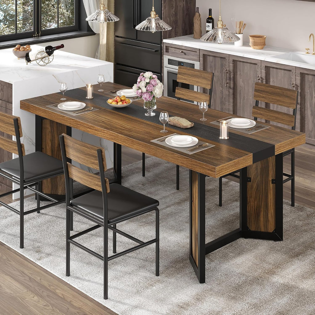 Industrial Dining Table for 6-8 People, 71' Large Long Wooden Kitchen Table with Sturdy Metal Frame & Brown Finish, Rustic Style Rectangular Dinner Table for Dining Room, Kitchen (Reddish Brown )
