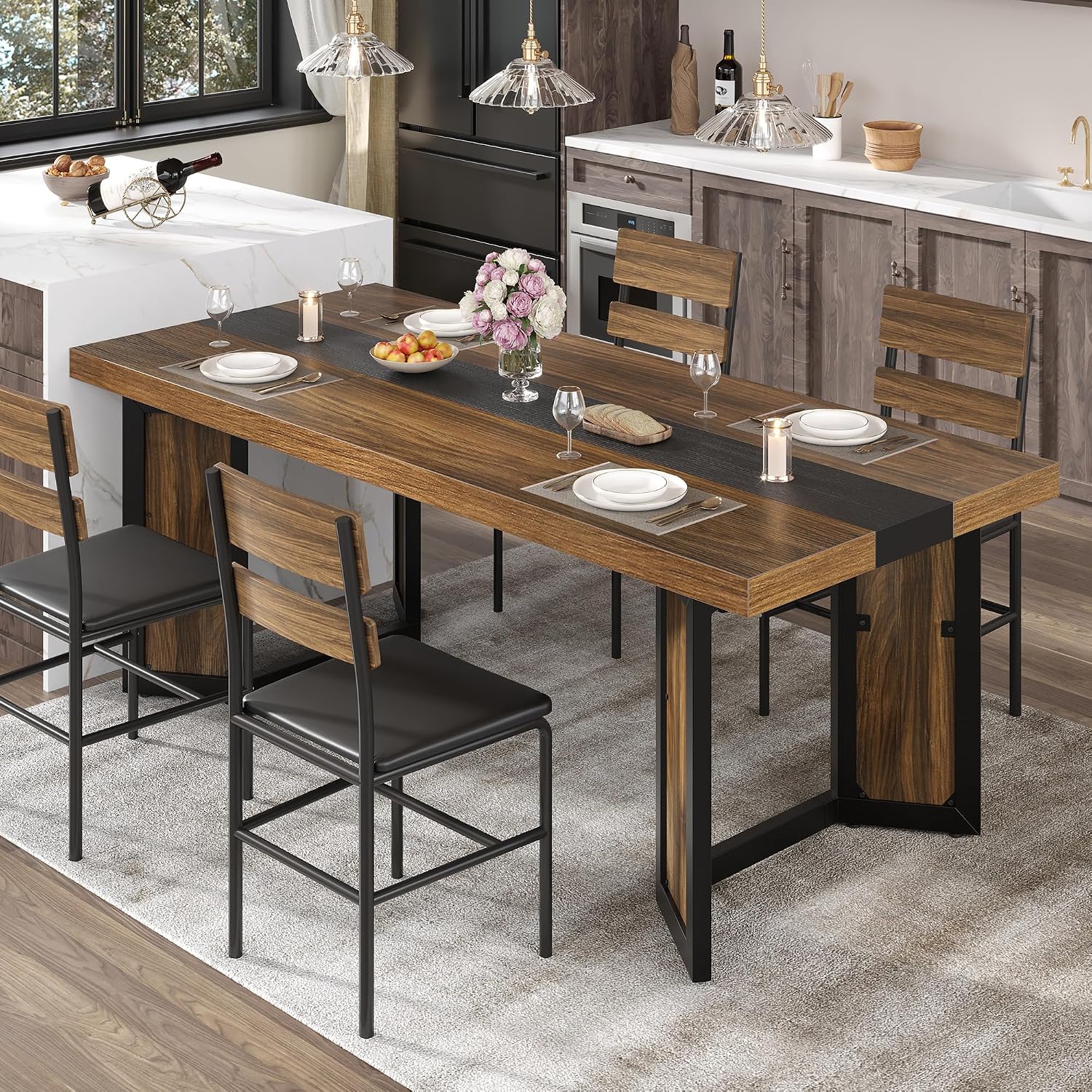 Industrial Dining Table for 6-8 People, 71' Large Long Wooden Kitchen Table with Sturdy Metal Frame & Brown Finish, Rustic Style Rectangular Dinner Table for Dining Room, Kitchen (Reddish Brown )